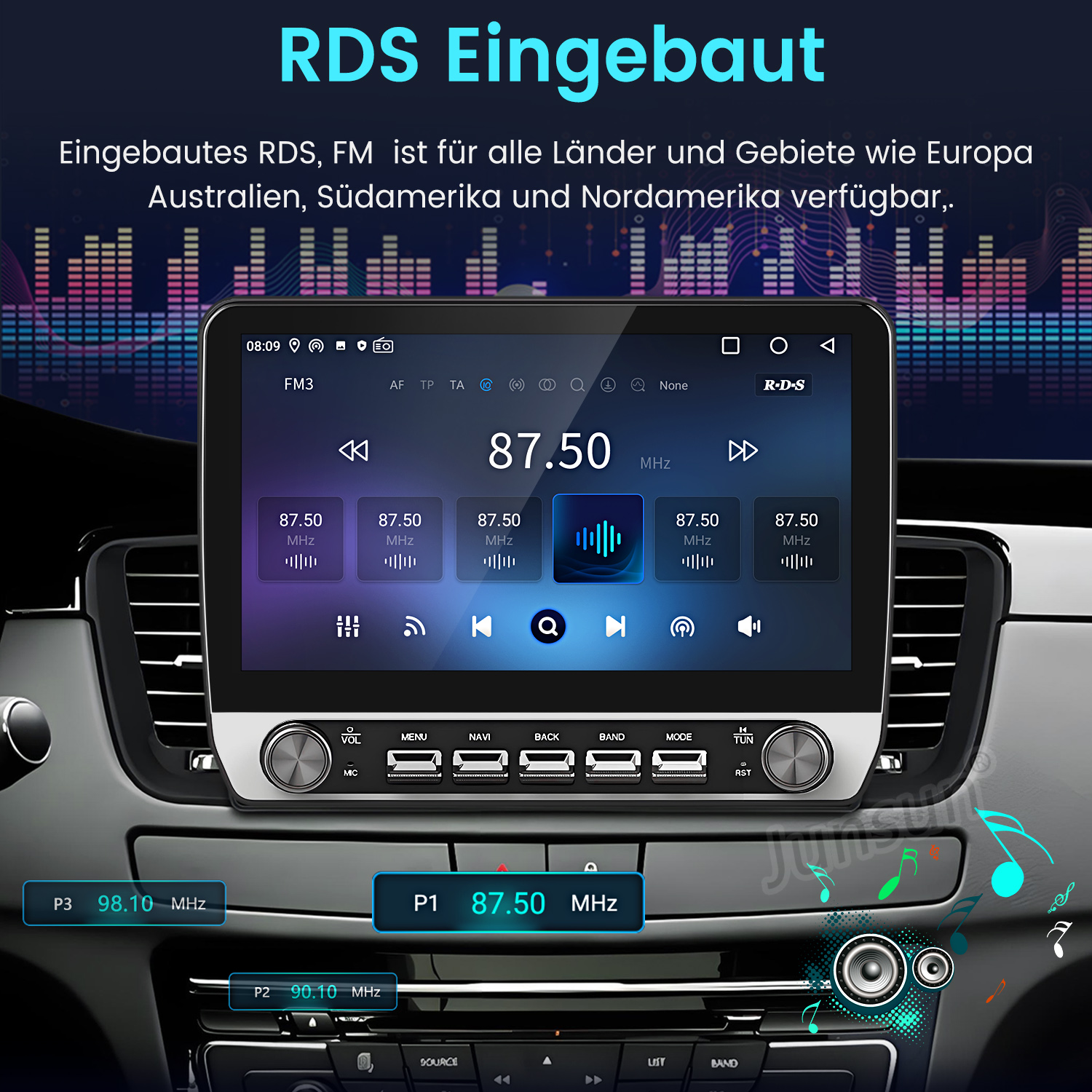 Einbau-RDS-FM-Autoradio mit Touchscreen-Display und Tasten.
