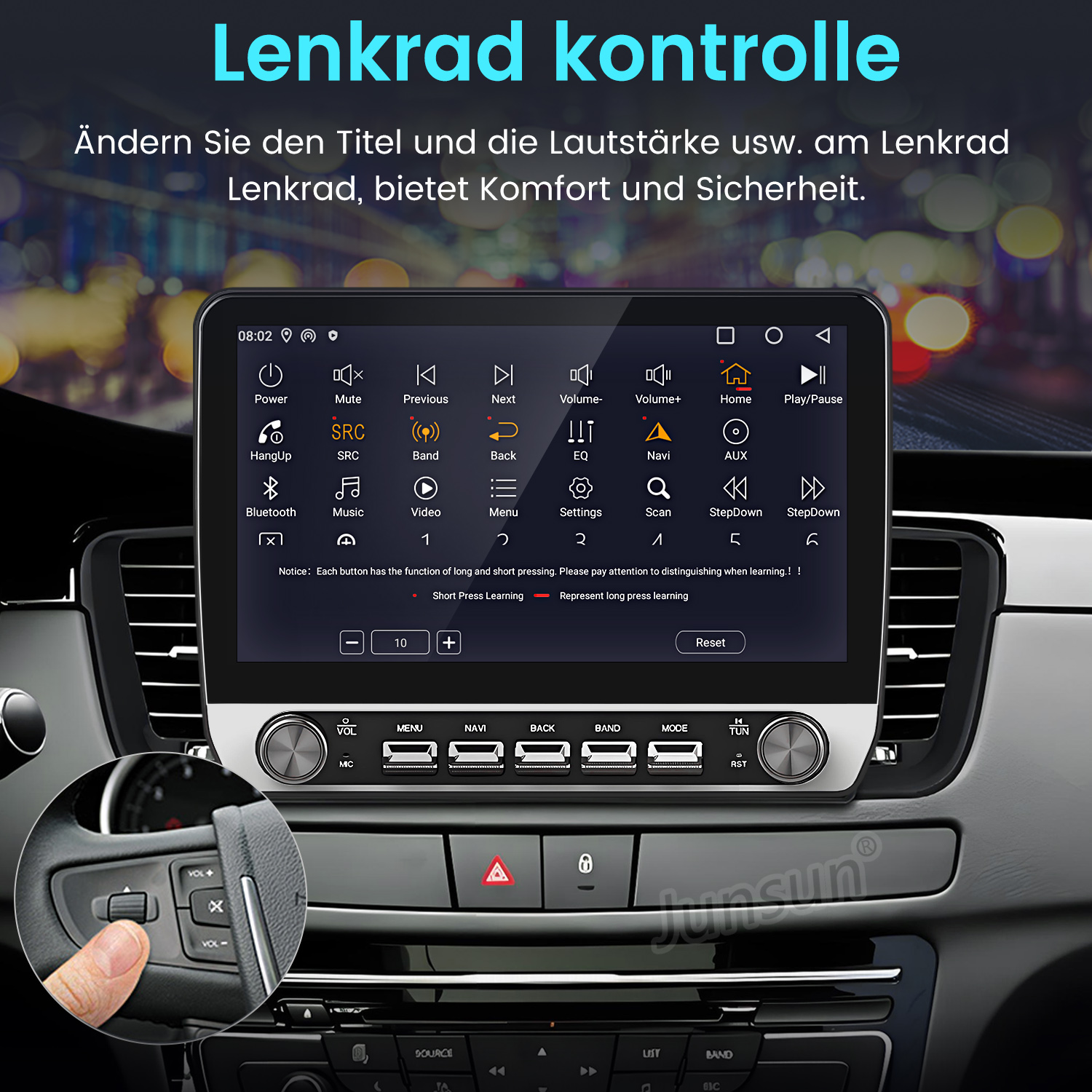 Ein Auto-Infotainmentsystem mit Touchscreen und Lenkradsteuerung wird gezeigt.