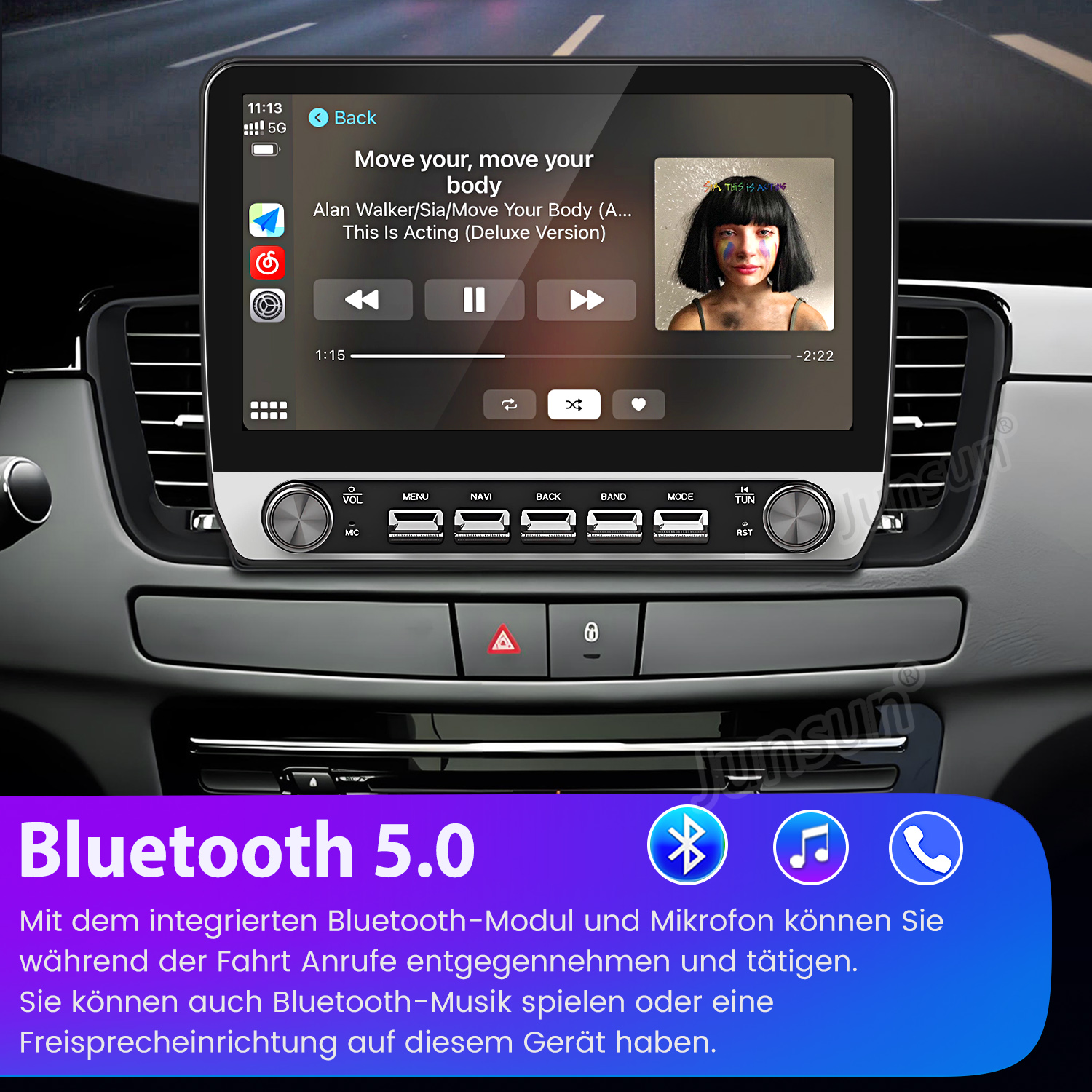 Auto-Infotainment-Bildschirm zeigt Musikwiedergabe mit Albumcover und Steuerelementen.