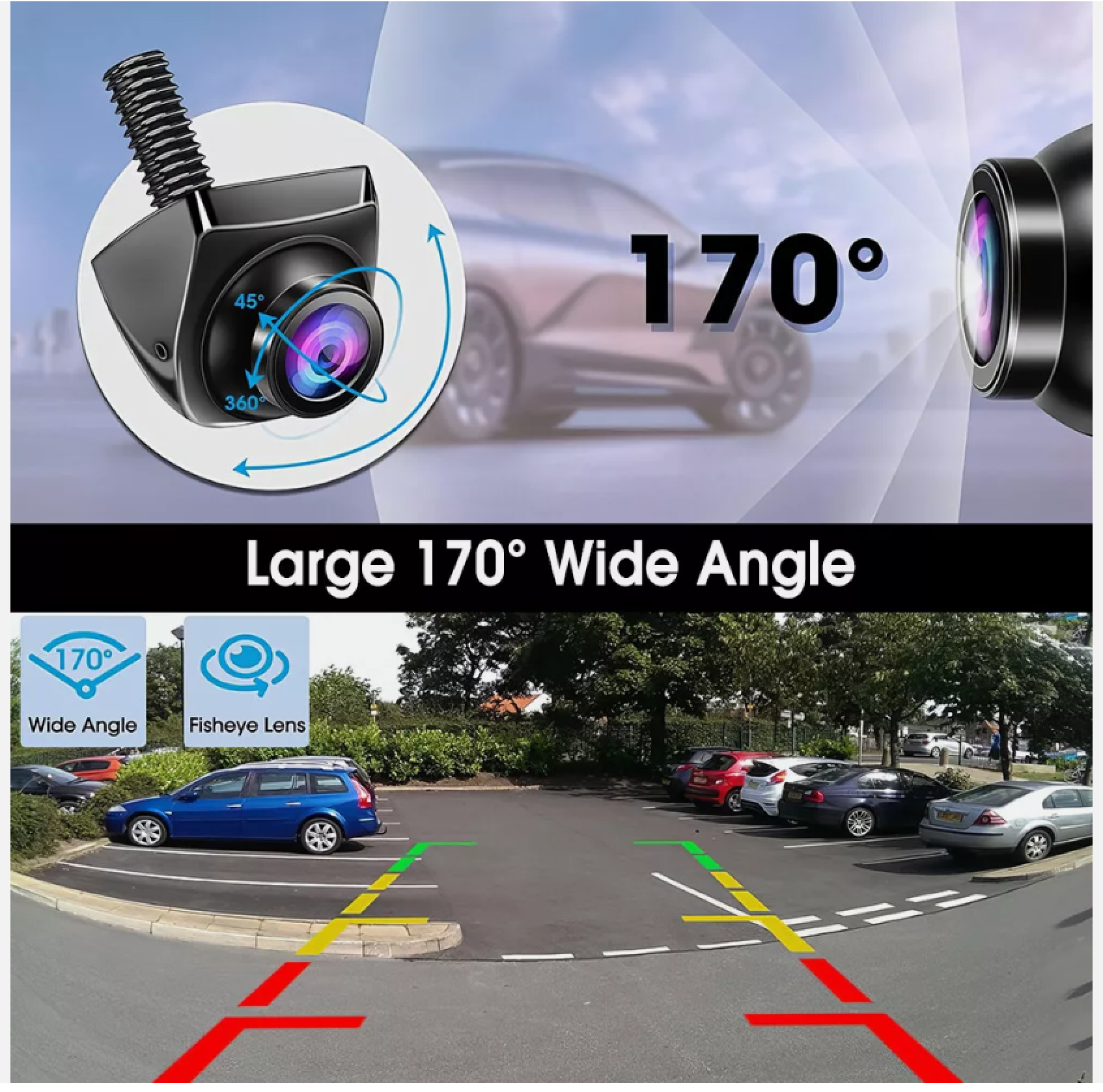 Eine Rückfahrkamera mit 170° Weitwinkel und Fischaugenobjektiv in einem Parkplatz.