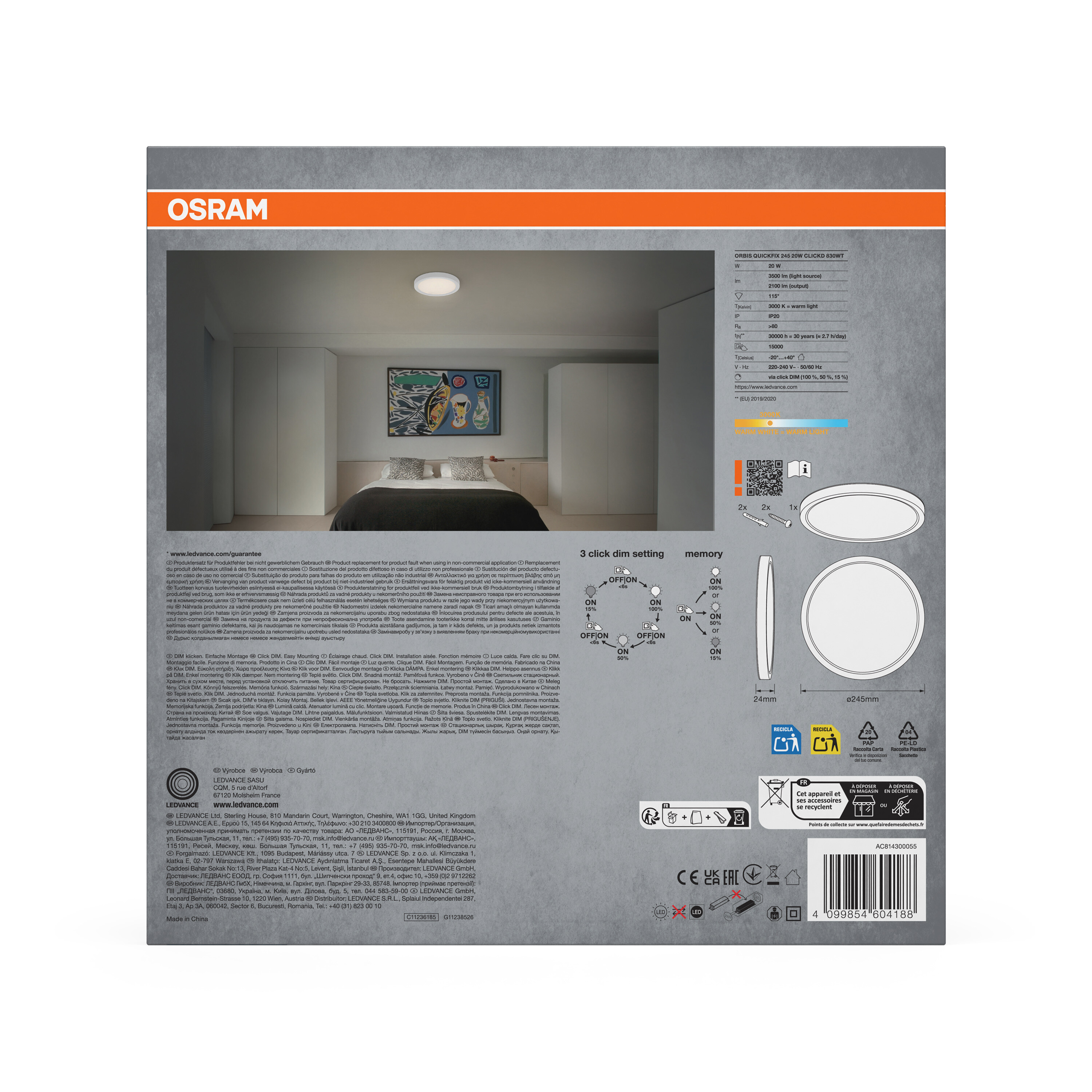 Osram Lampe mit Dimmen und Montageanleitung, Produktinformationen, Maße und Recycling-Symbole.