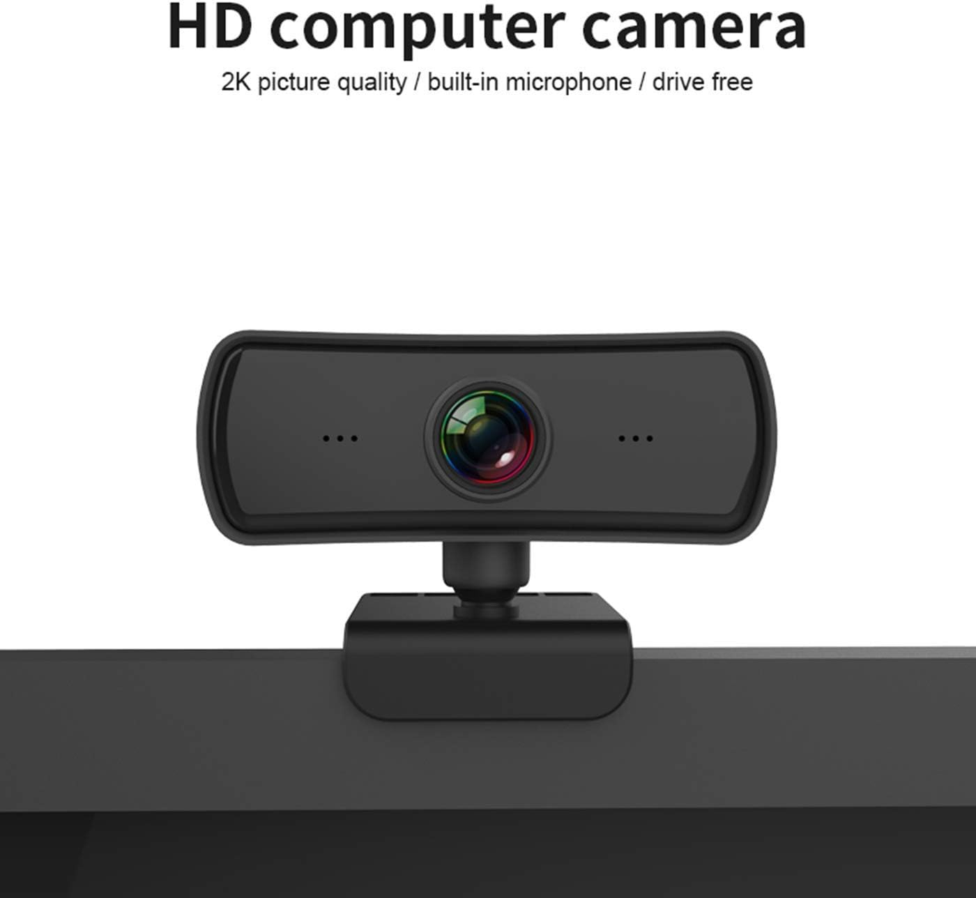 Eine schwarze HD-Webcam mit Cliphalterung und Linse mit Farbreflexion.