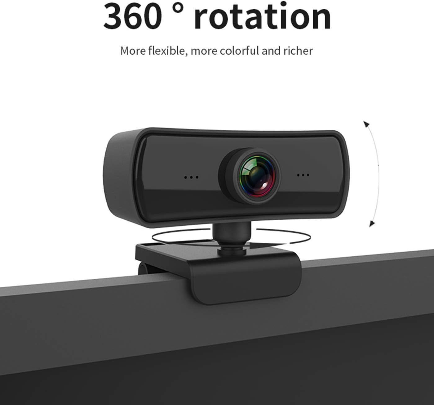 Eine schwarze Webcam mit einem drehbaren Clip, der auf einem Monitor montiert ist.