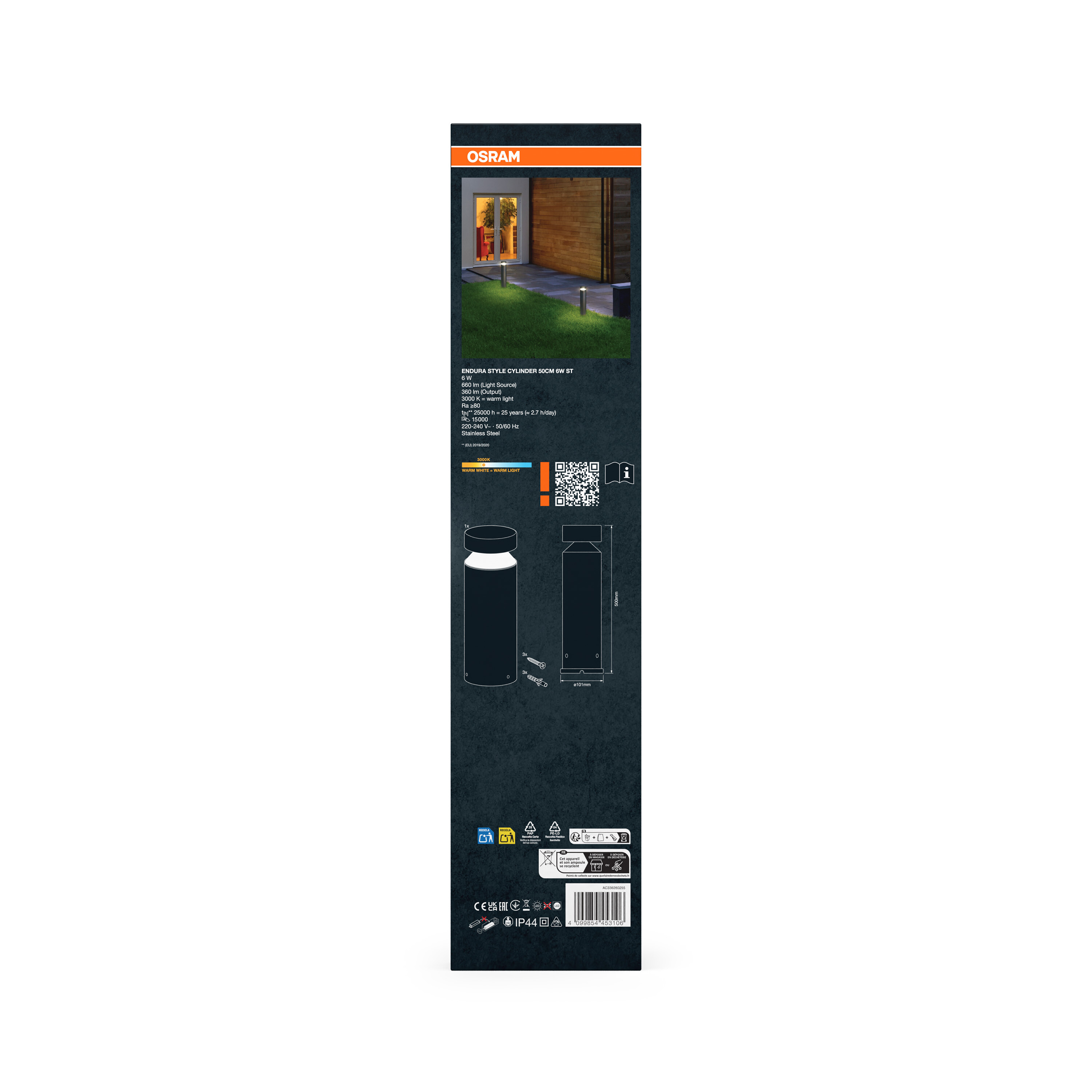 Osram Endura Style Zylinder Außenleuchte, Edelstahl, 50cm, 6W, warmweißes Licht.