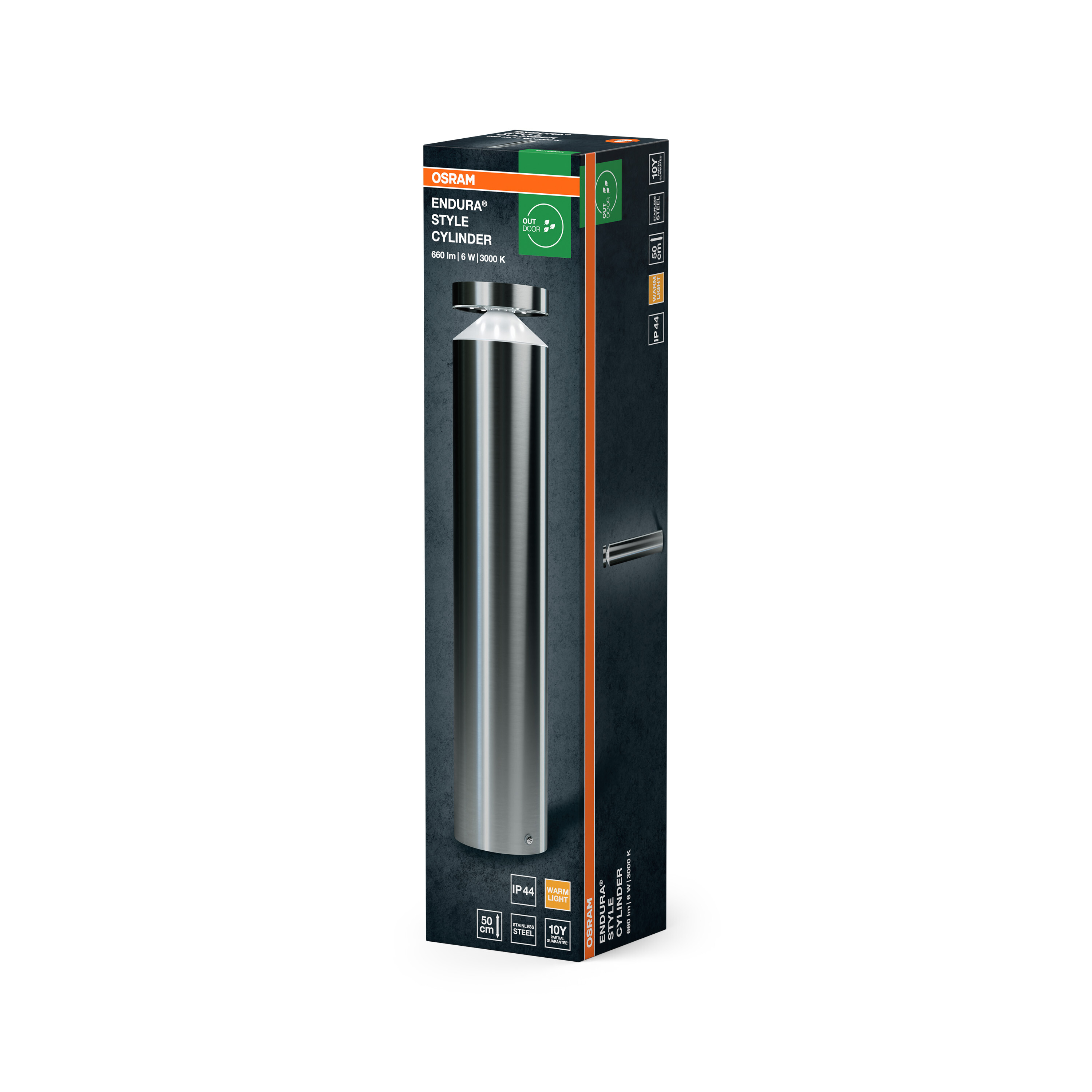 OSRAM Endura Style Cylinder: Edelstahl-Außenleuchte, 660lm, 6W, 3000K, IP44.