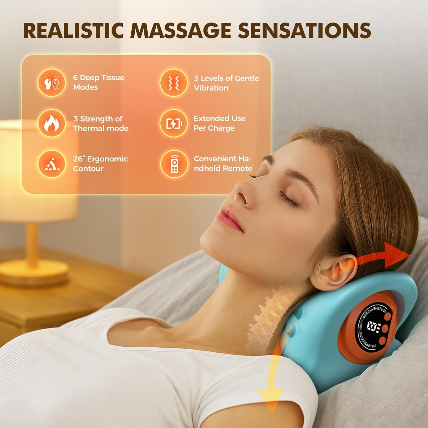 Frau mit Nackenmassagegerät, das 6 Modi, 3 Wärmestufen und ergonomisches Design bietet.
