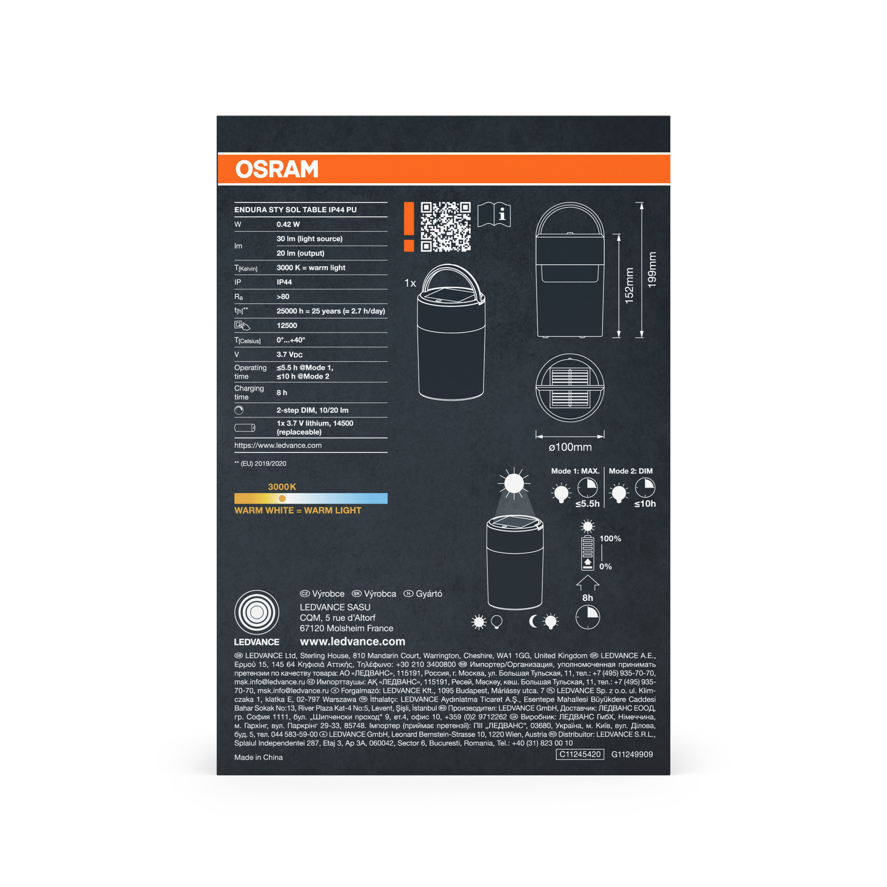 OSRAM Endura Sty Sol Tischleuchte: 0,42W, 30lm, 3000K, IP44, 25000h Lebensdauer, 3,7V, 152x199mm.