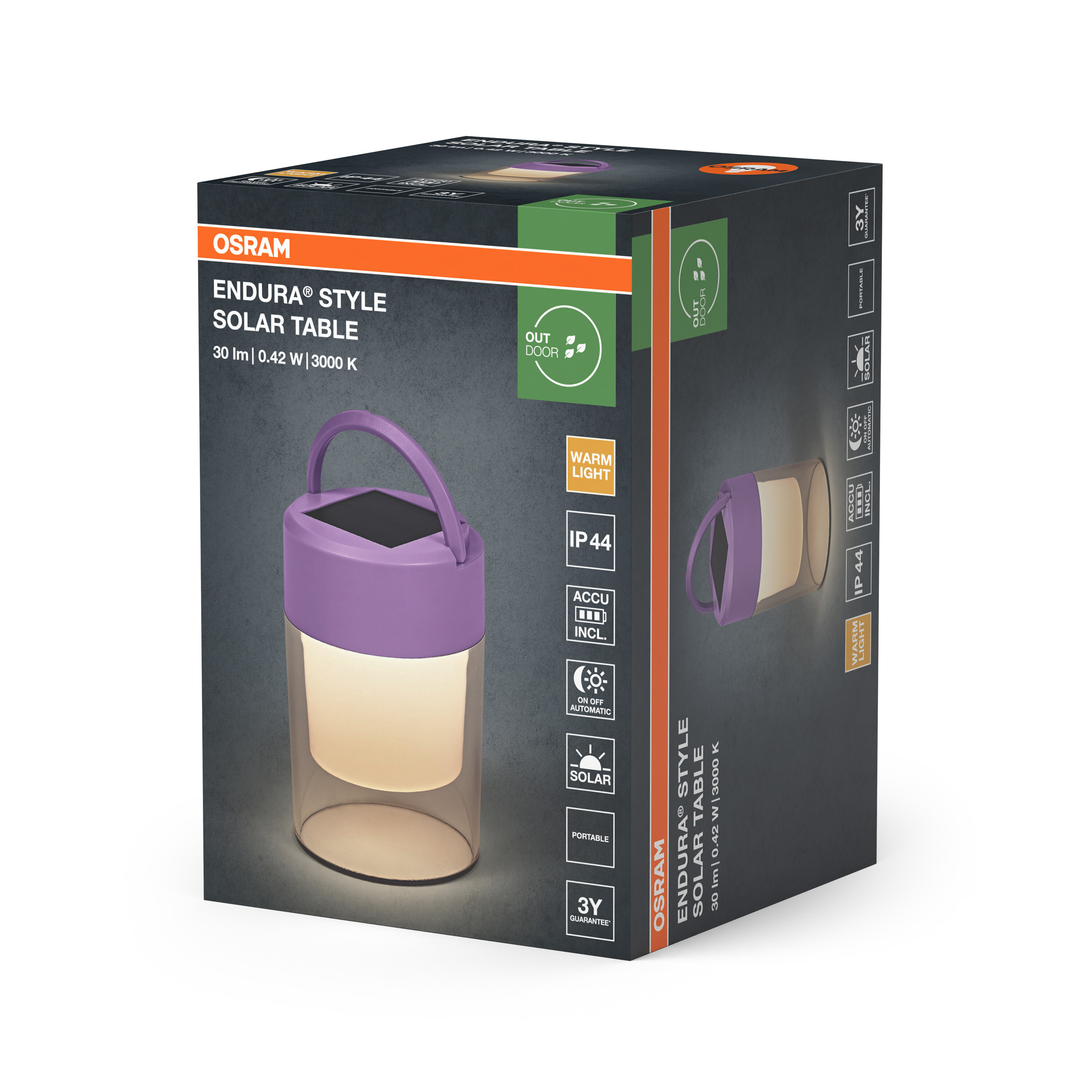 Verpackung einer Osram Endura Style Solar Tischleuchte mit lila Akzenten.