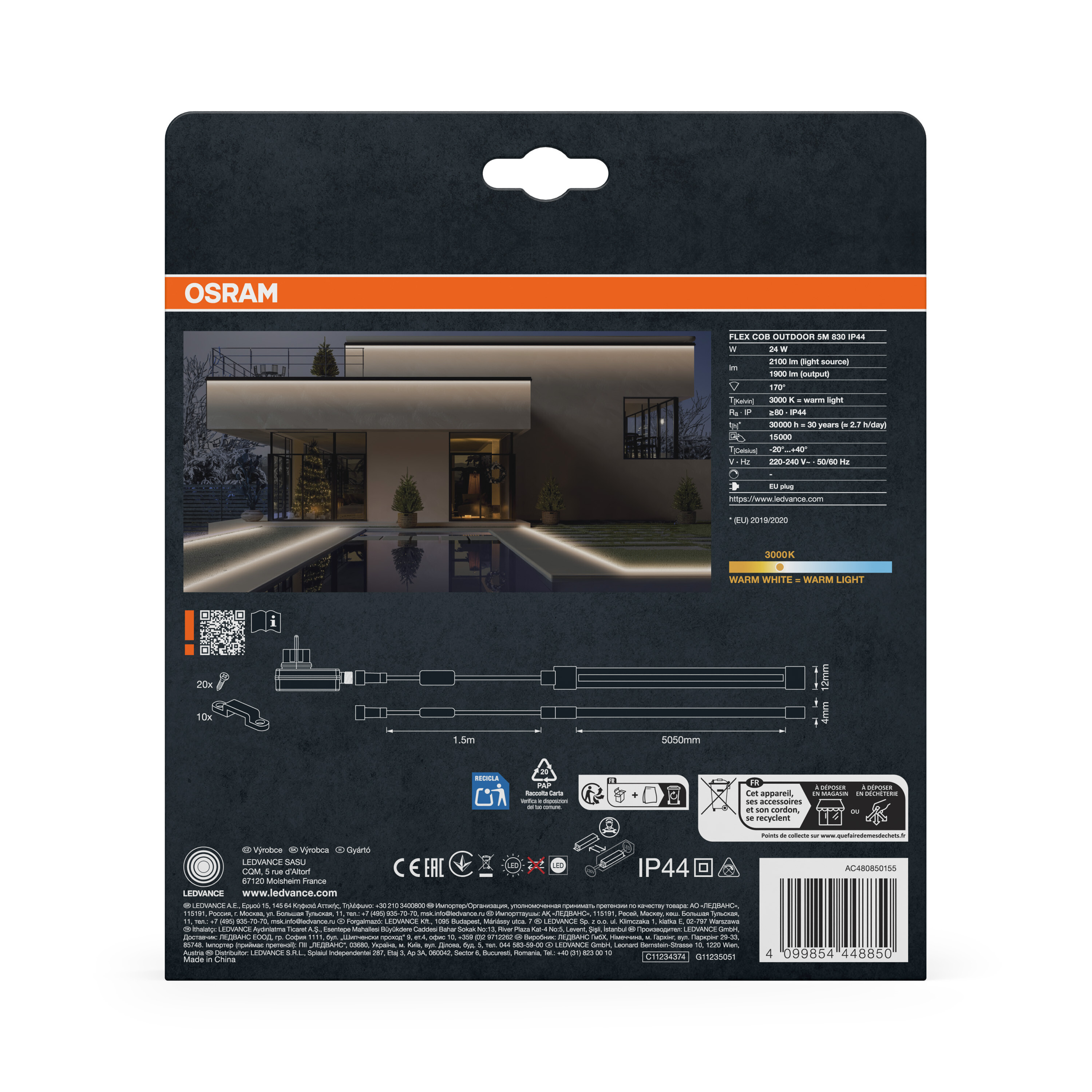 Verpackung für OSRAM Flex COB Outdoor 5M 830 IP44, mit Hausabbildung.