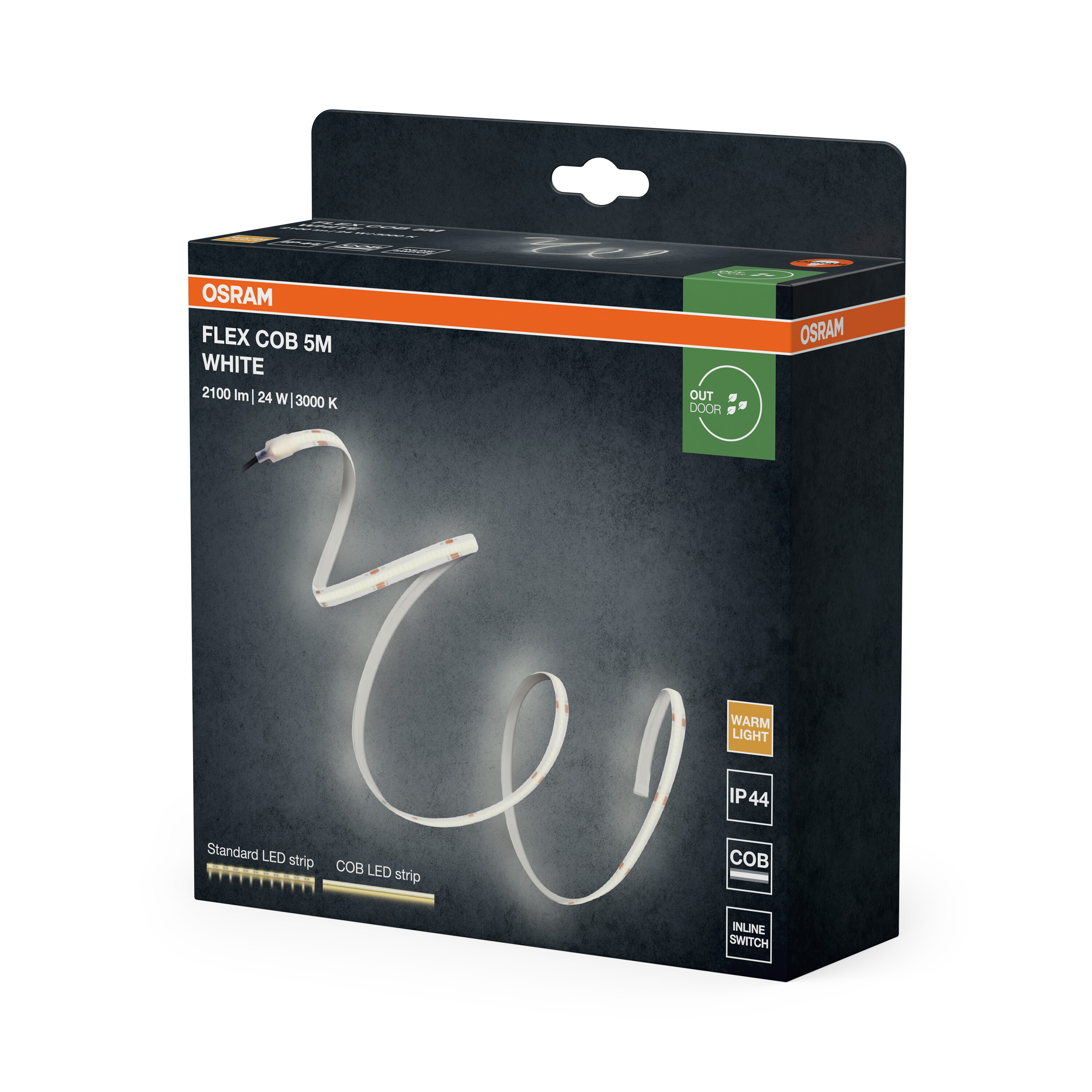 Osram Flex Cob 5m weiße LED-Leiste auf dunklem Karton.