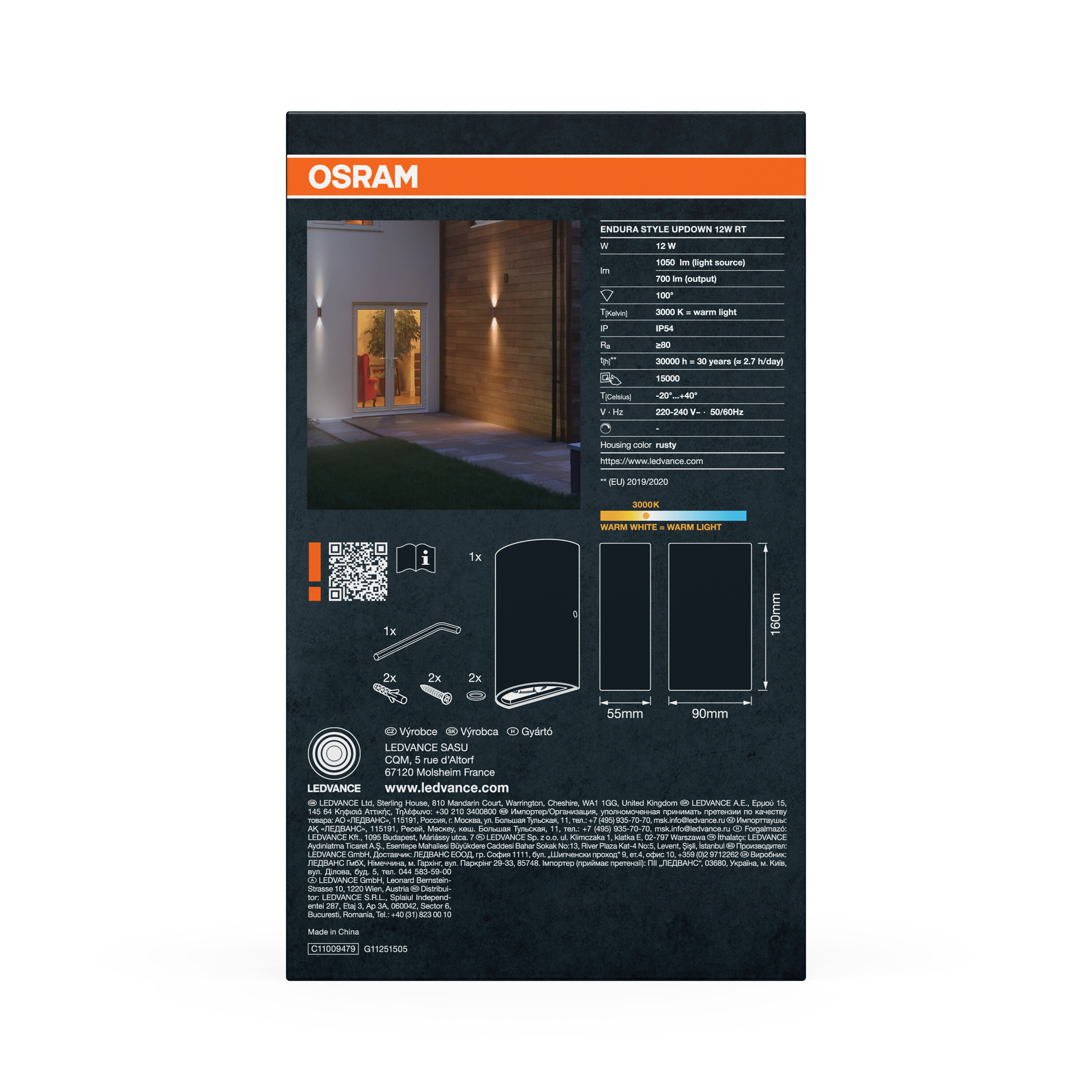 Osram Endura Style Up/Down 12W RT Leuchte mit technischen Daten.