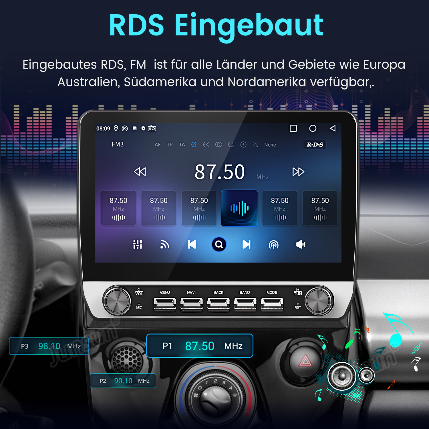 Ein Autoradio-Bildschirm zeigt RDS-Informationen und Frequenzen an.