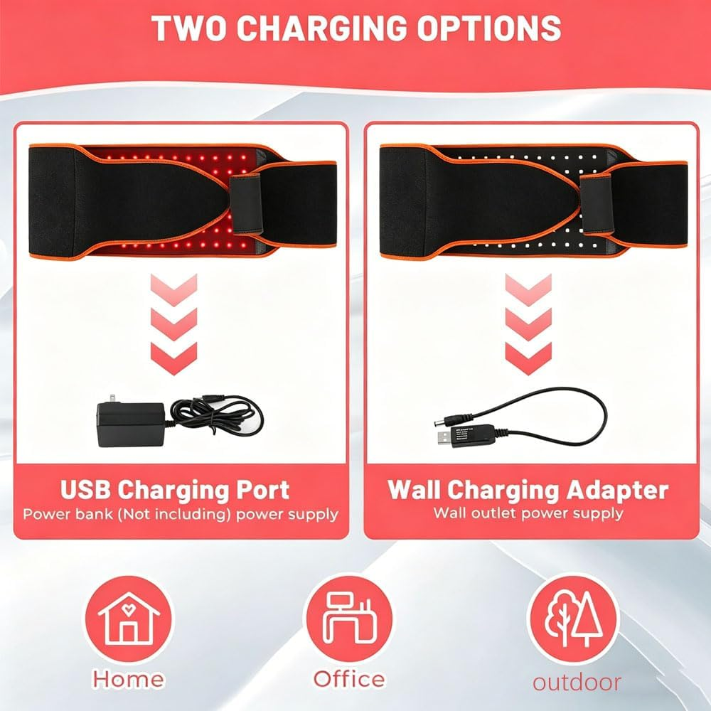 Zwei Ladeoptionen für ein schwarzes Gerät mit orangen Akzenten: USB und Wandadapter.