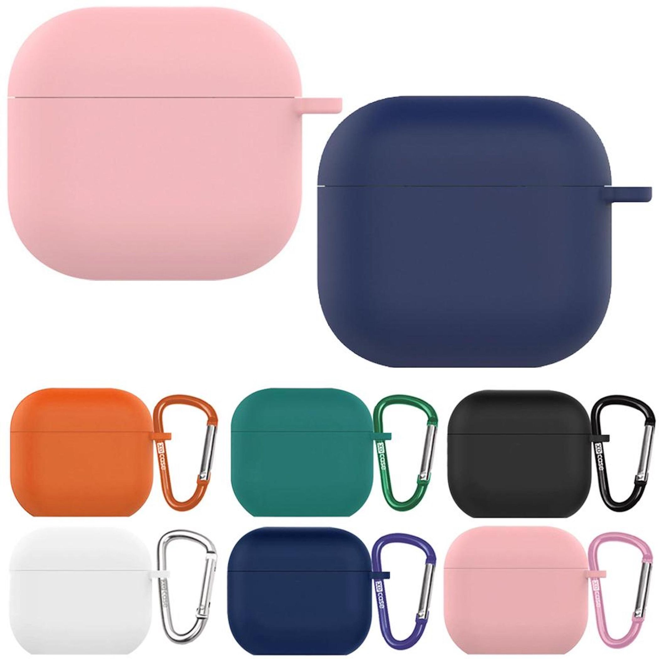 Múltiples fundas de auriculares de colores con clips de mosquetón.