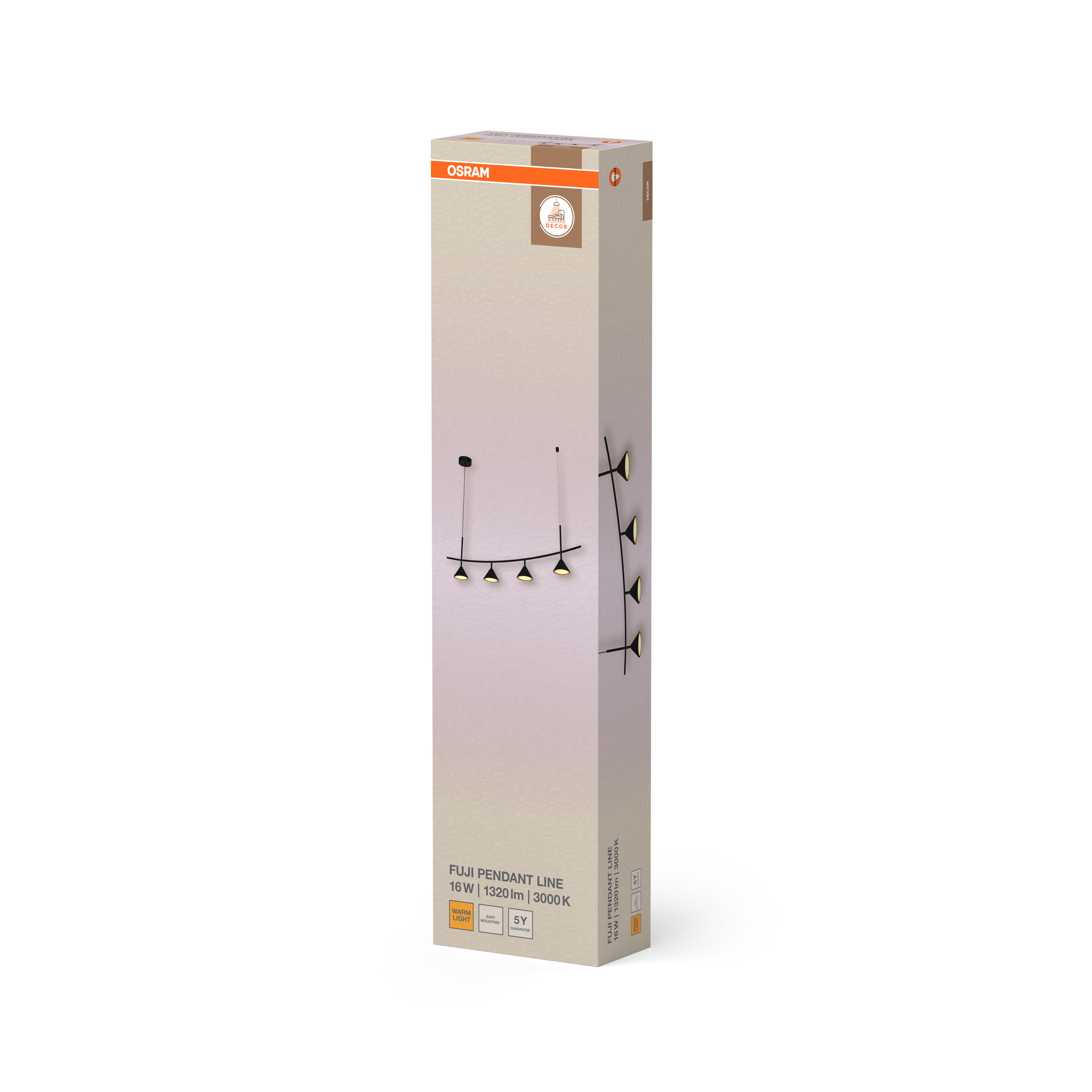 Osram Fuji Pendelleuchte Verpackung mit Produktabbildung und technischen Details.