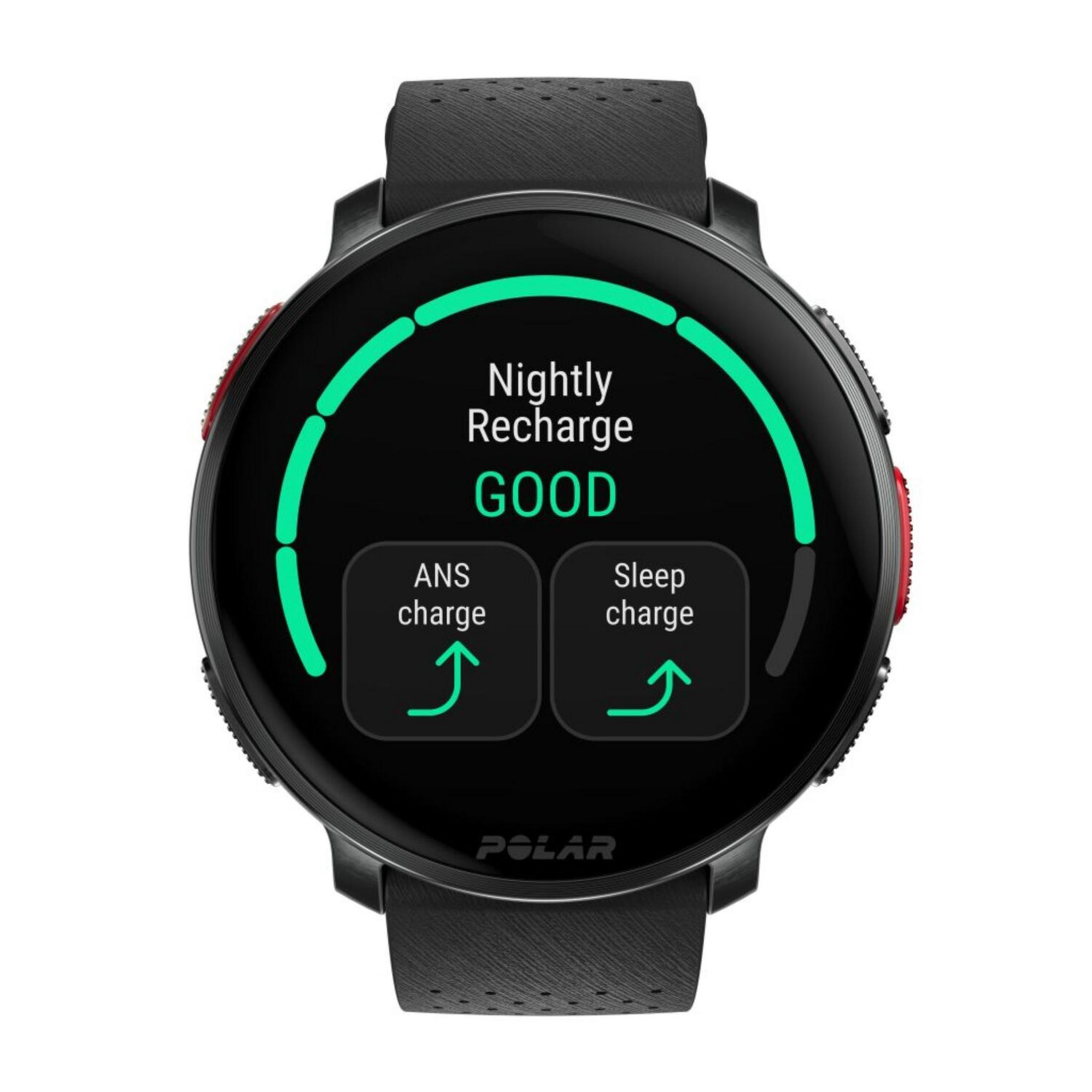 Czarny smartwatch Polar pokazuje Nightly Recharge GOOD, ANS charge i Sleep charge.