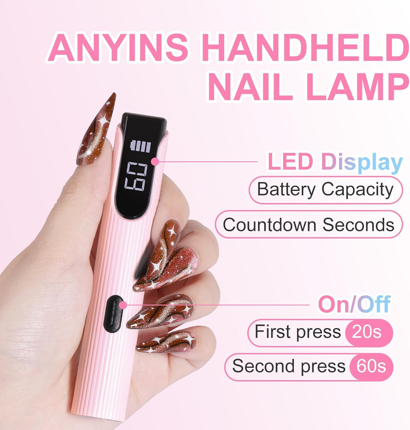 Eine Hand hält eine rosa Nagellampe mit LED-Anzeige und Batteriestatus.