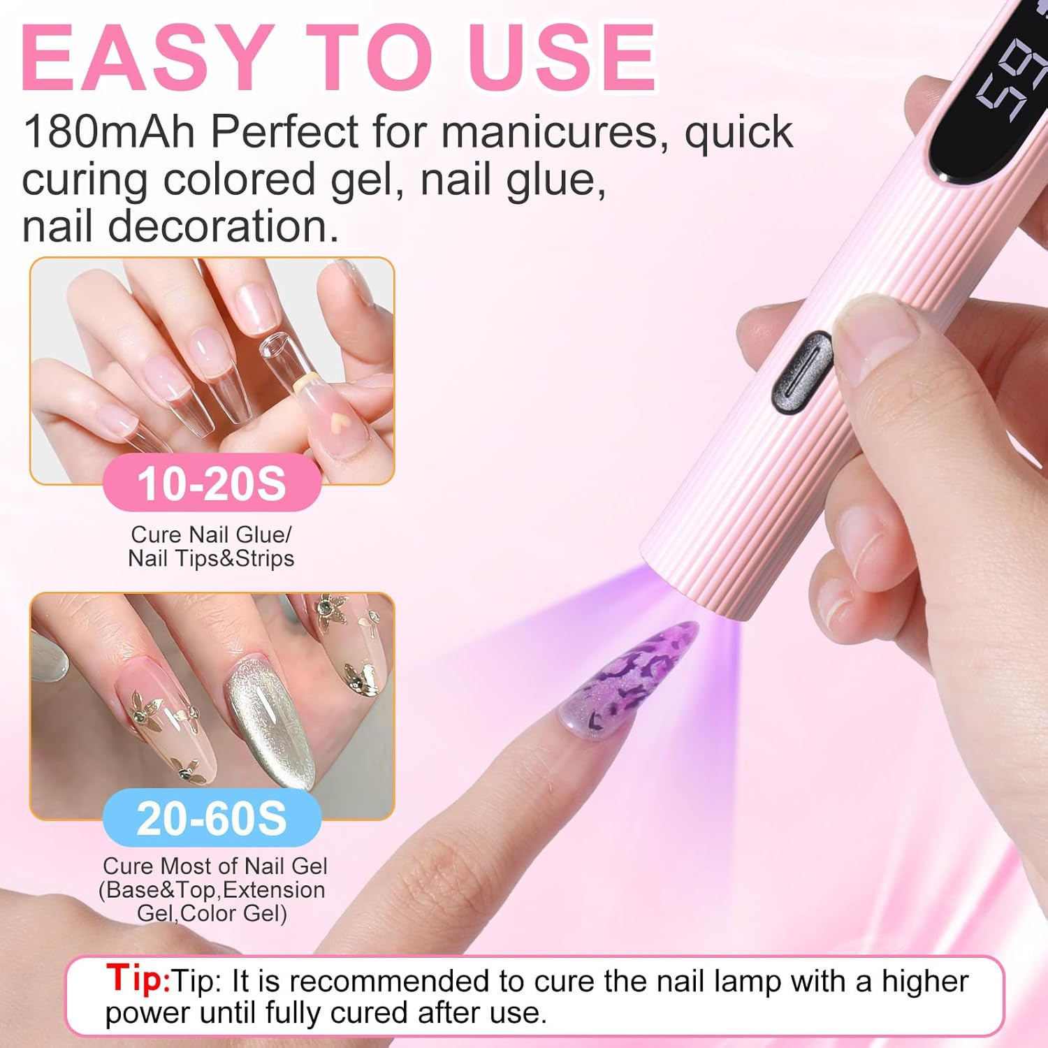 Rosa UV-Nagellampe härtet Nägel mit violettem Licht. Verschiedene Aushärtezeiten gezeigt.