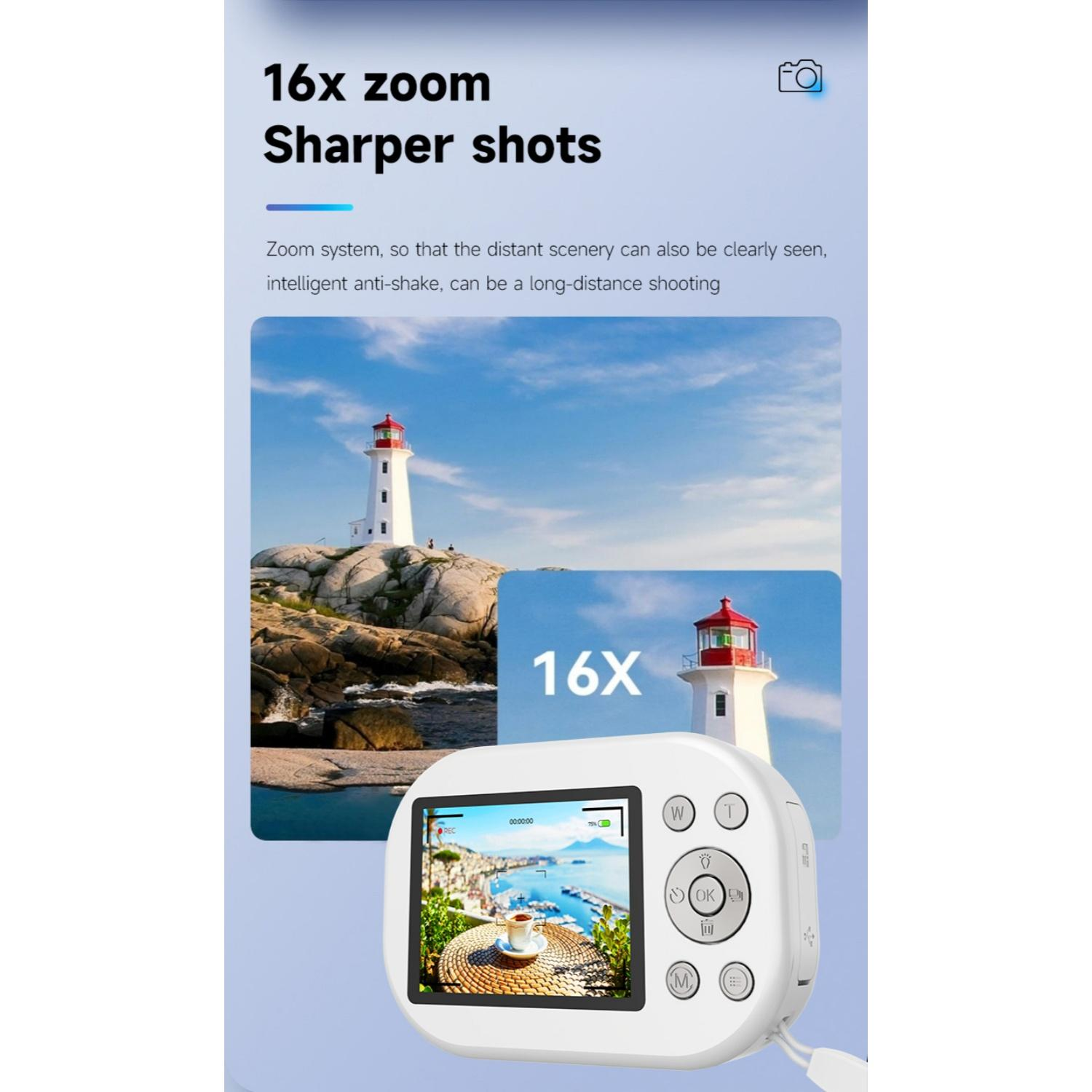 Weiße Kamera mit 16-fachem Zoom zeigt Leuchtturm und Landschaft.