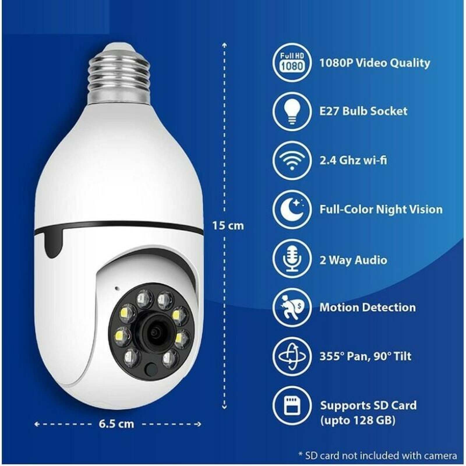 Eine weiße Glühbirnenkamera mit 1080p, 2,4 GHz WLAN, Nachtsicht, Schwenken/Neigen.
