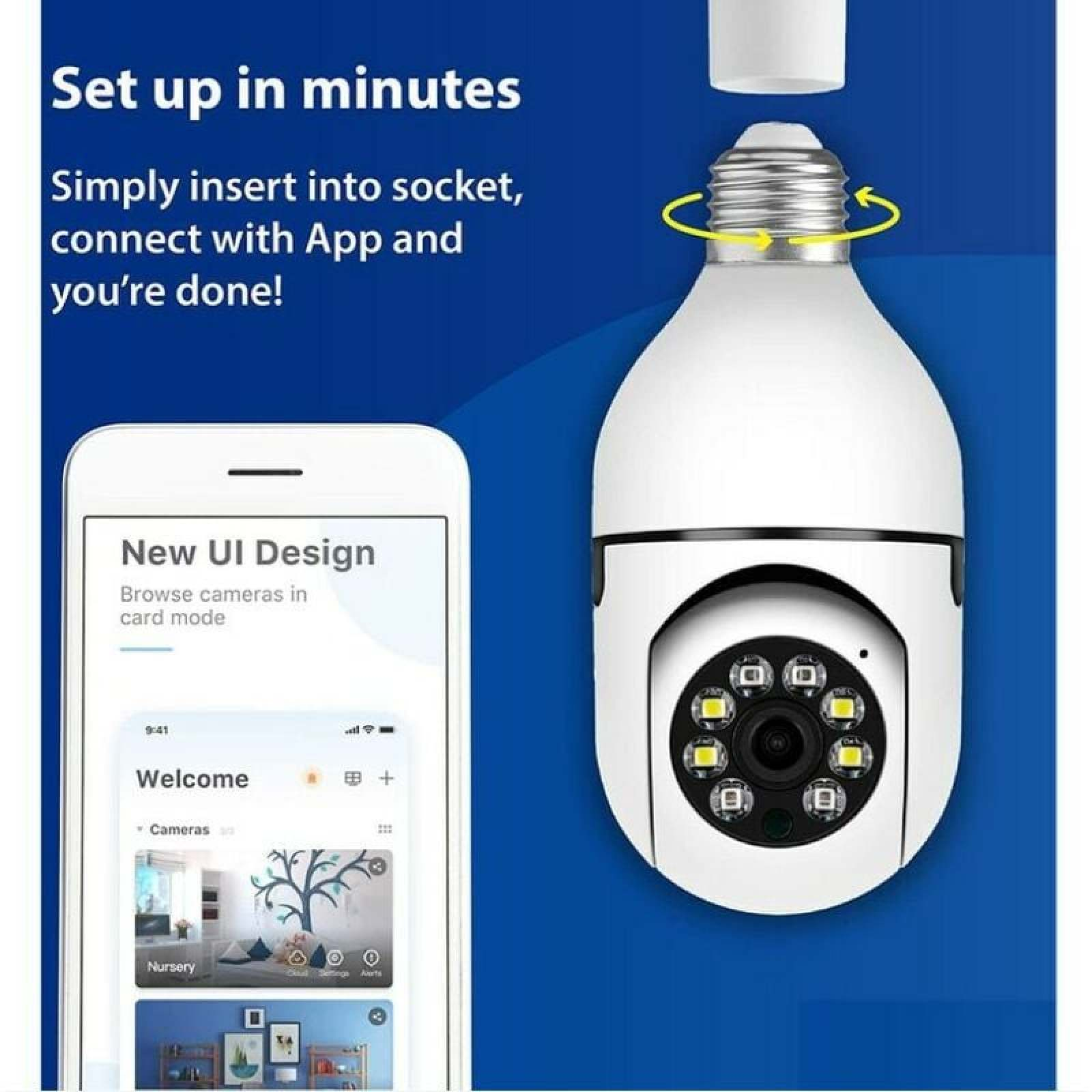 Eine weiße Glühbirnenkamera wird in eine Fassung geschraubt. Daneben ist eine App auf einem Smartphone zu sehen.