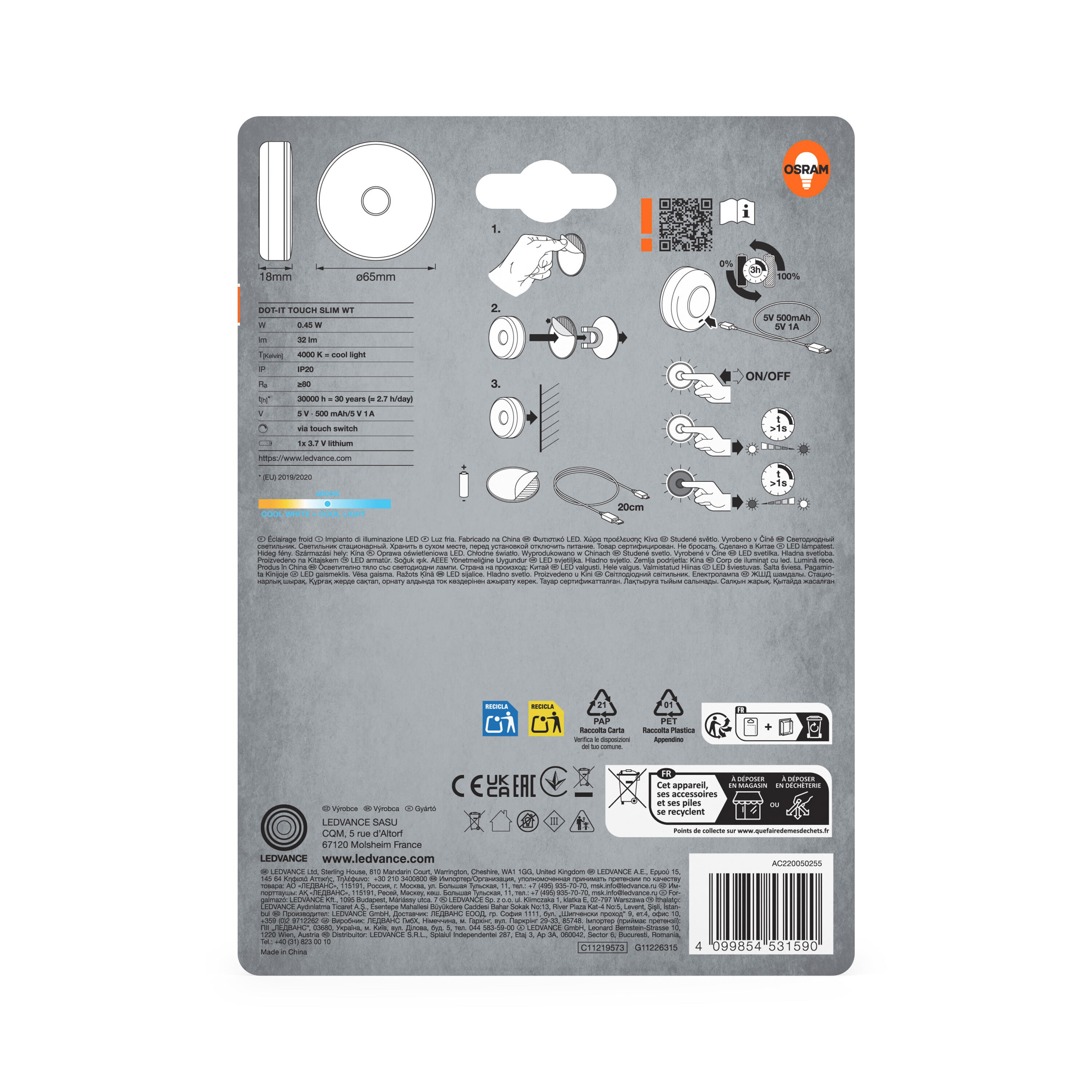 OSRAM DOT-IT TOUCH SLIM WT: 4000K, IP20, 32lm, 0.45W, 30 Jahre Lebensdauer.