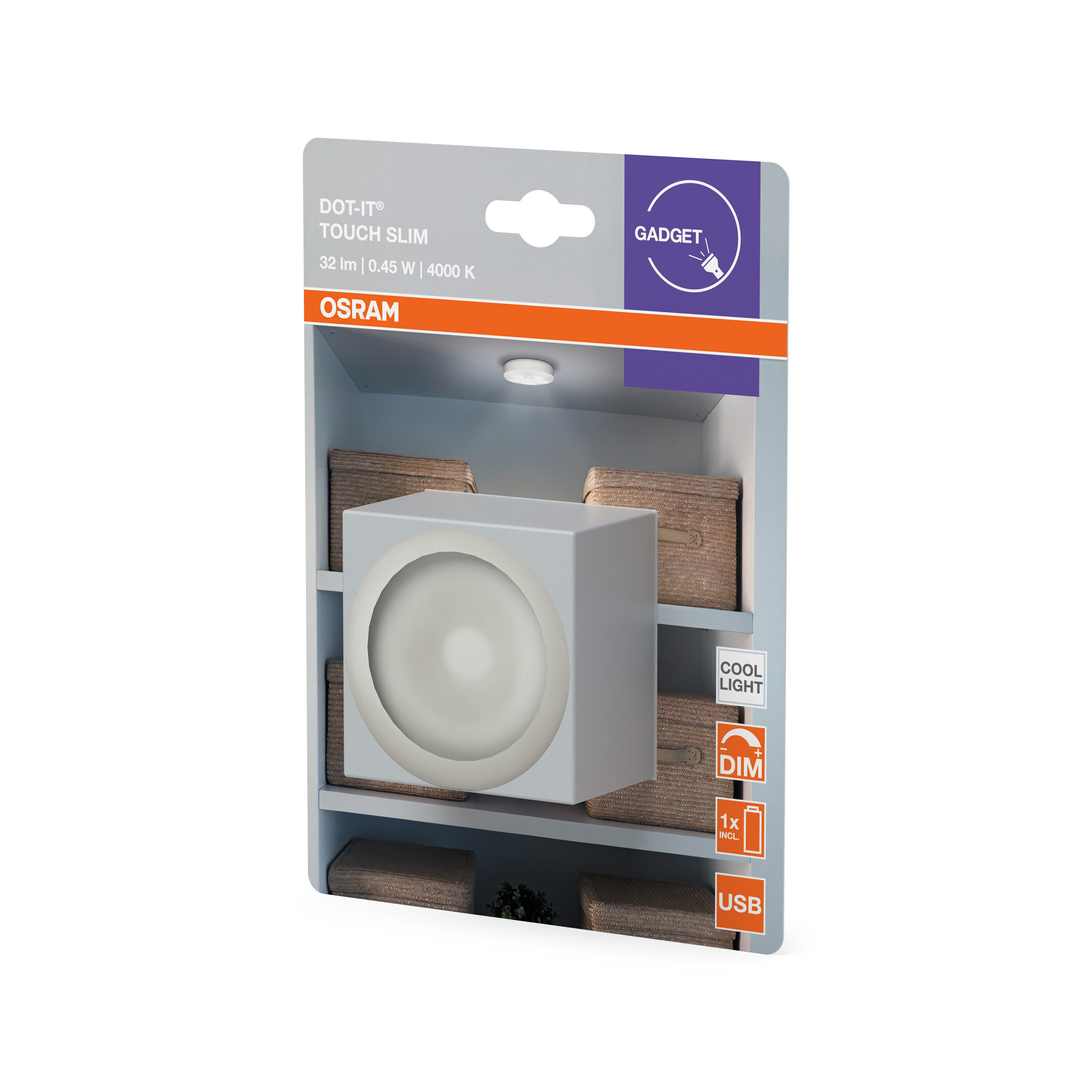 Verpackung mit einer Osram Touch Slim Leuchte, Korb und Beleuchtung.