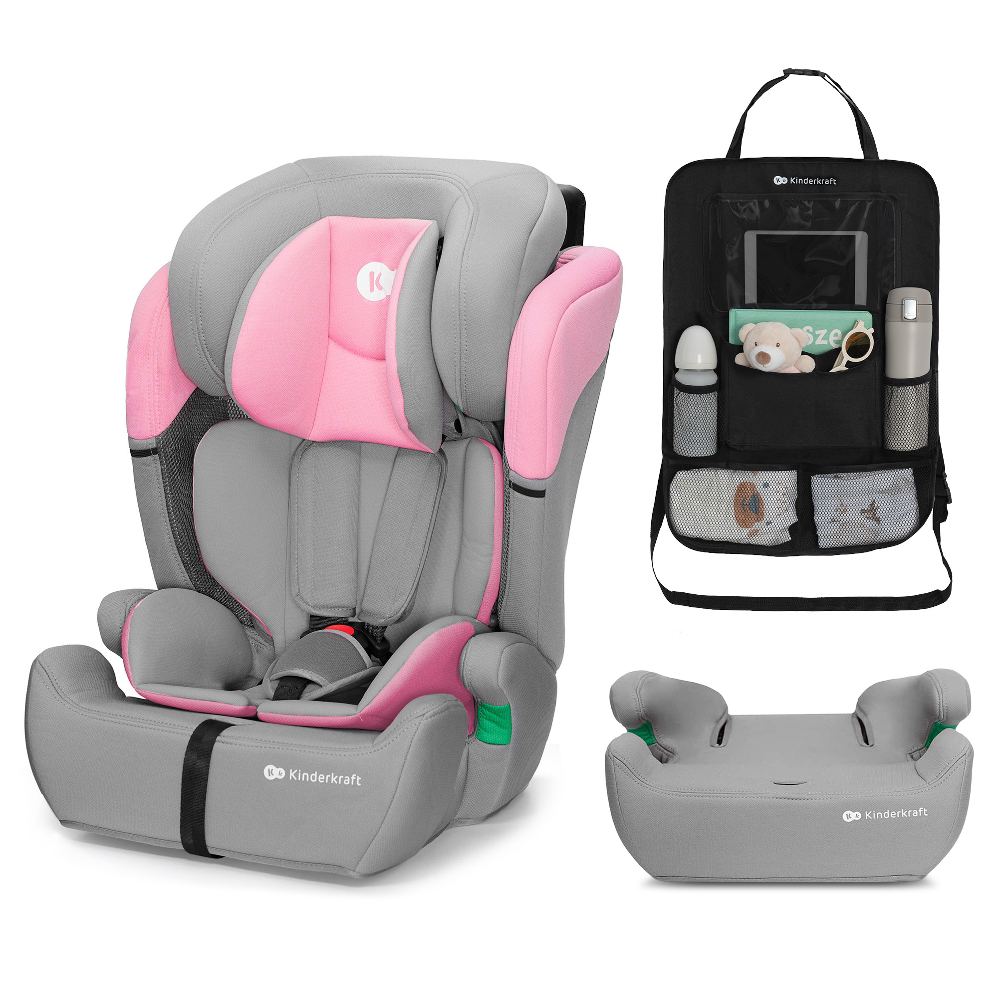 Grauer und pinker Kindersitz mit Organizer und Sitzerhöhung.