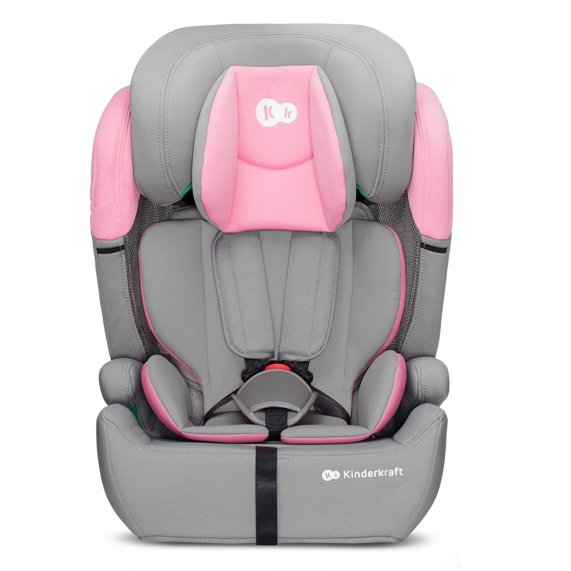 Grauer Kindersitz mit rosa Akzenten und 5-Punkt-Gurt.