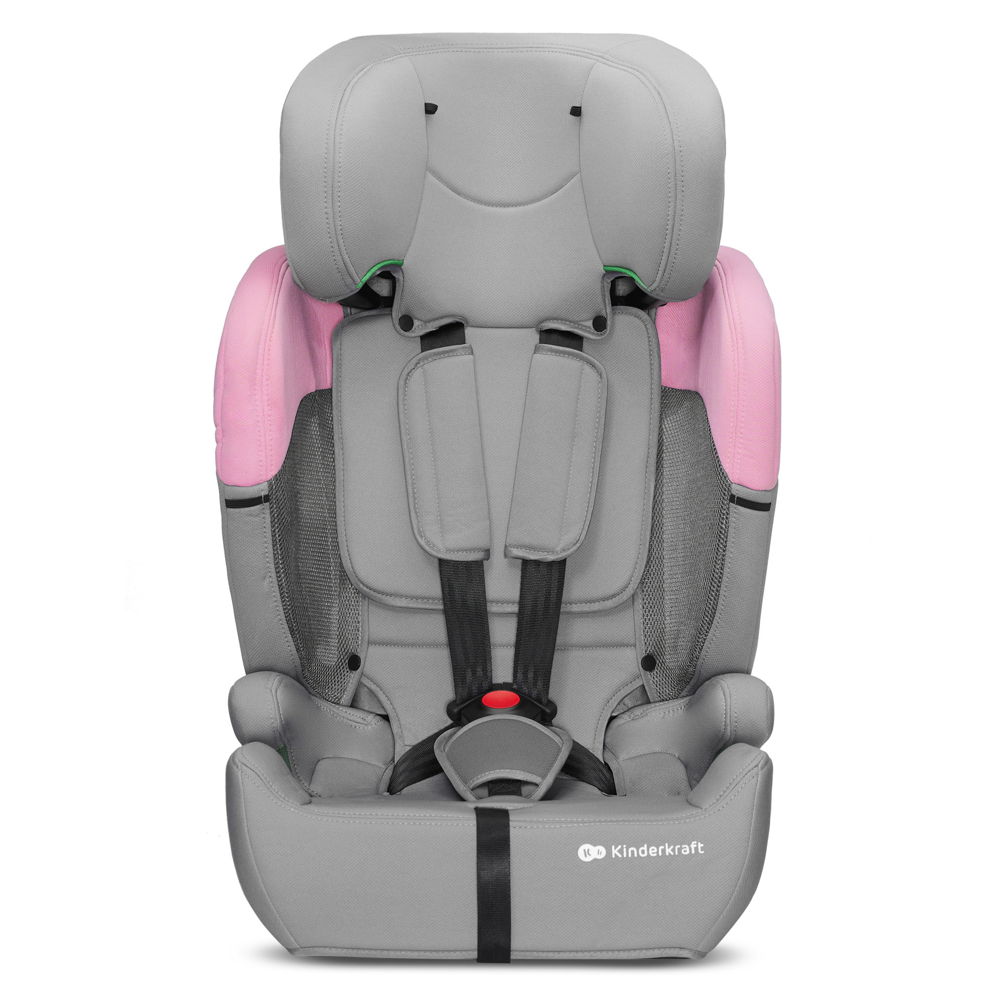 Grauer Kindersitz mit rosa Akzenten und 5-Punkt-Gurtsystem.