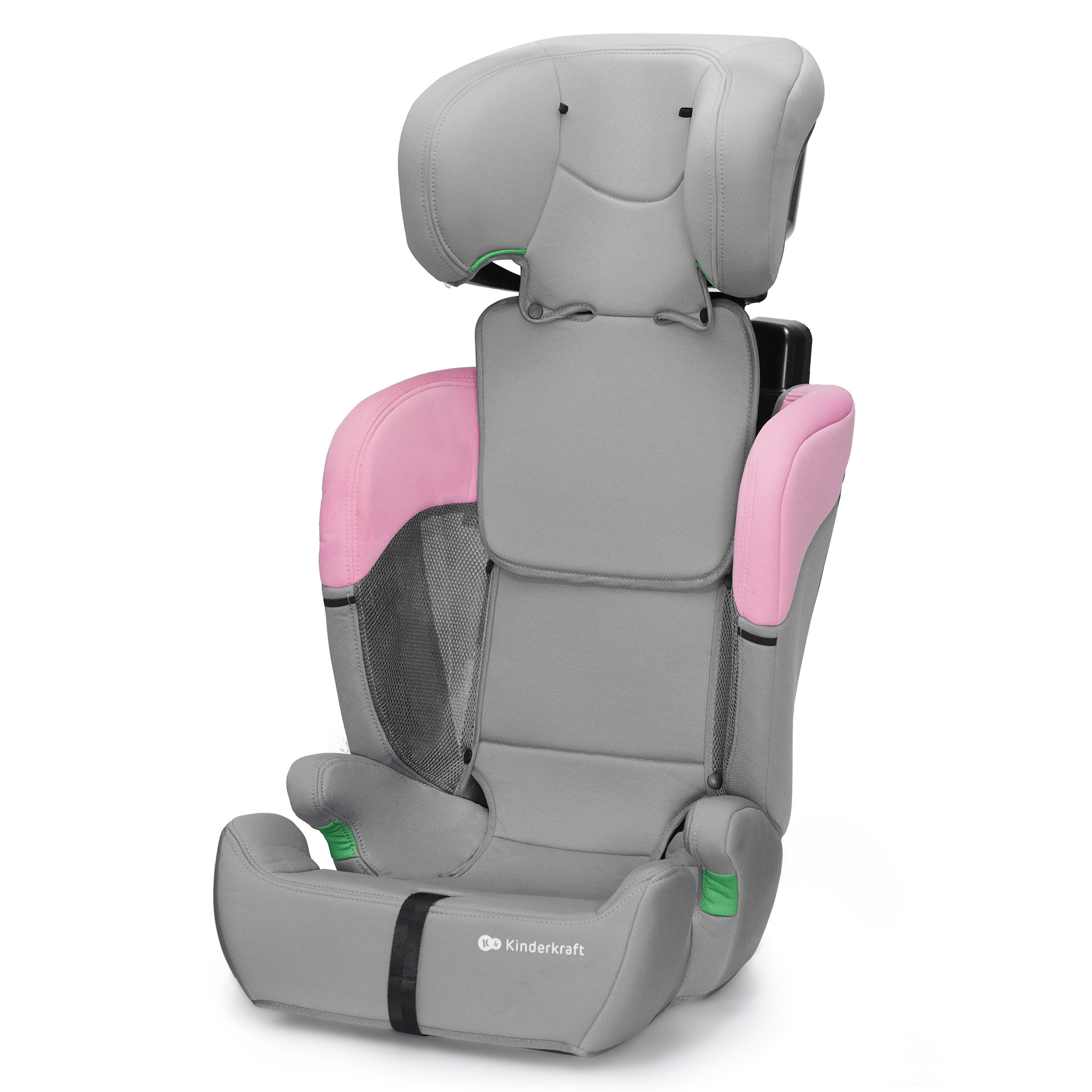 Grauer Kindersitz mit rosa Akzenten und verstellbarer Kopfstütze.