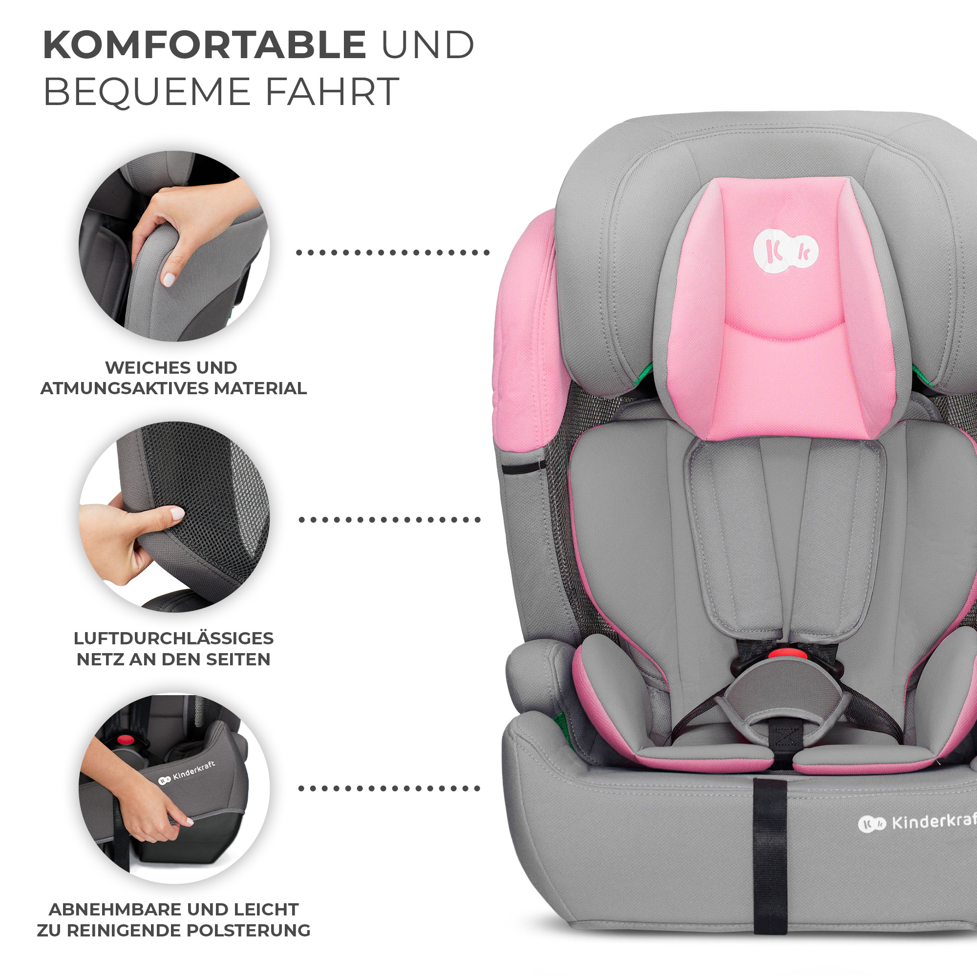 Ein grauer Kindersitz mit rosa Akzenten, weichem Material und Netz.