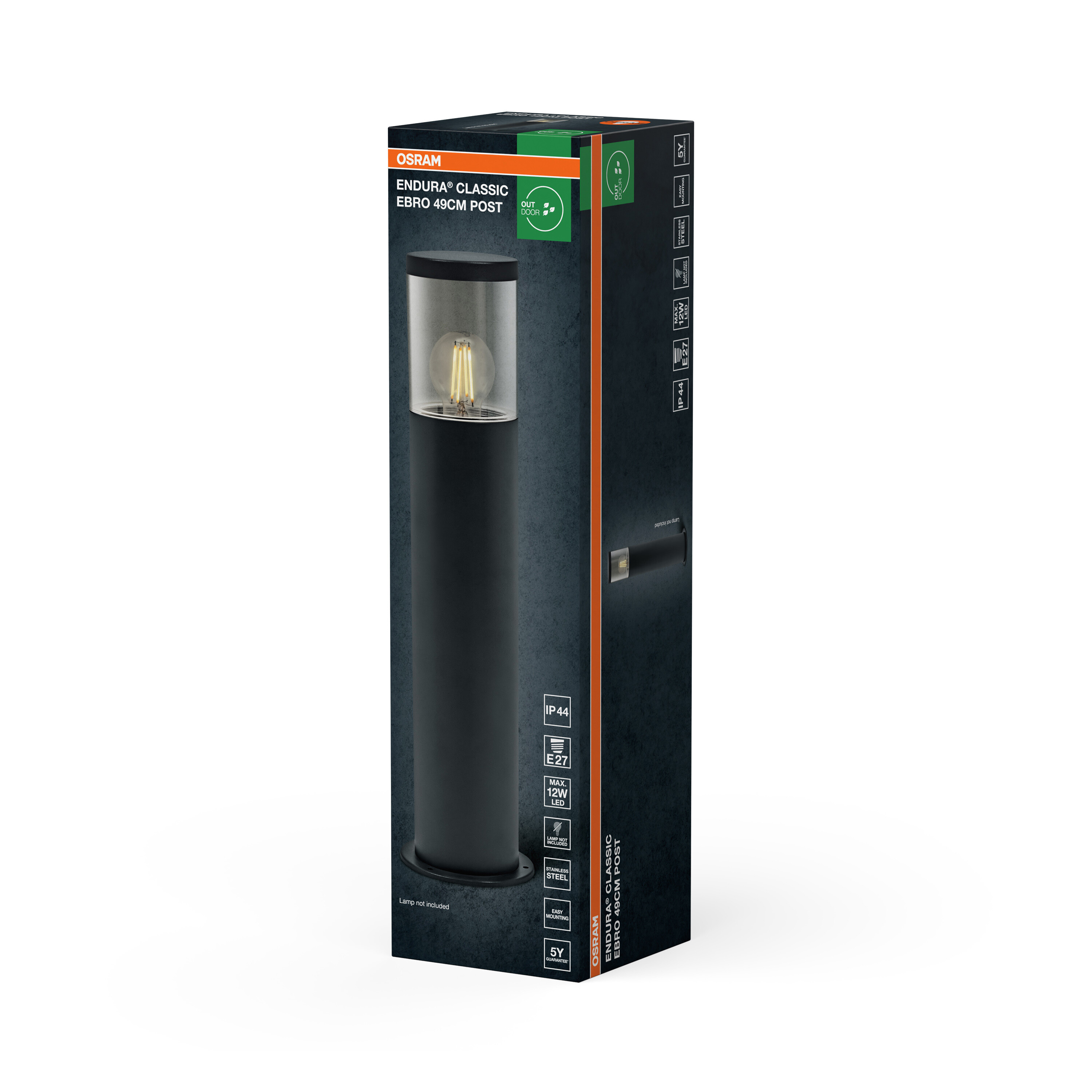 Verpackung einer schwarzen Osram Endura Classic Ebro 49cm Stehleuchte.