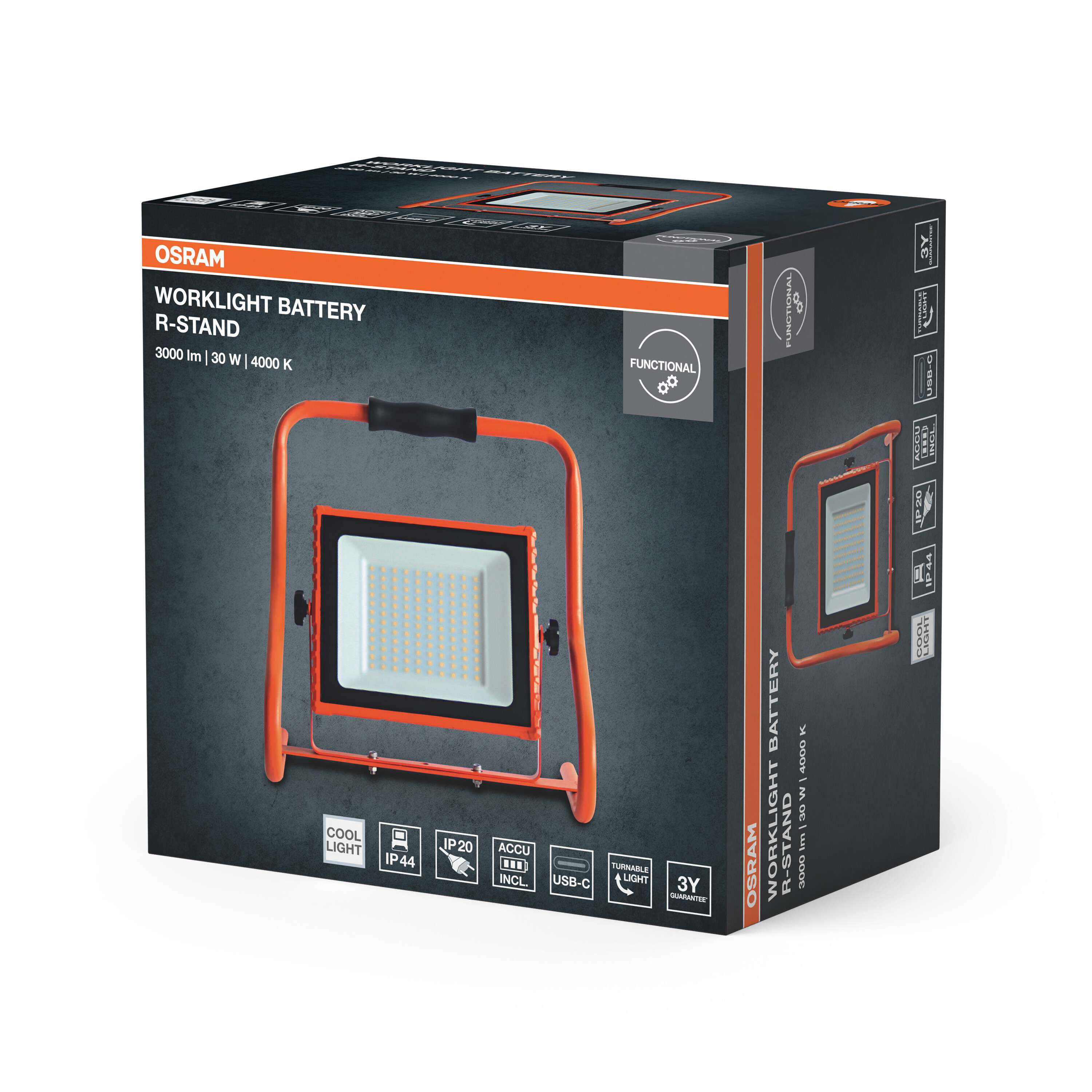 Osram Worklight Akku R-Stand Karton, mit abgebildetem Scheinwerfer.