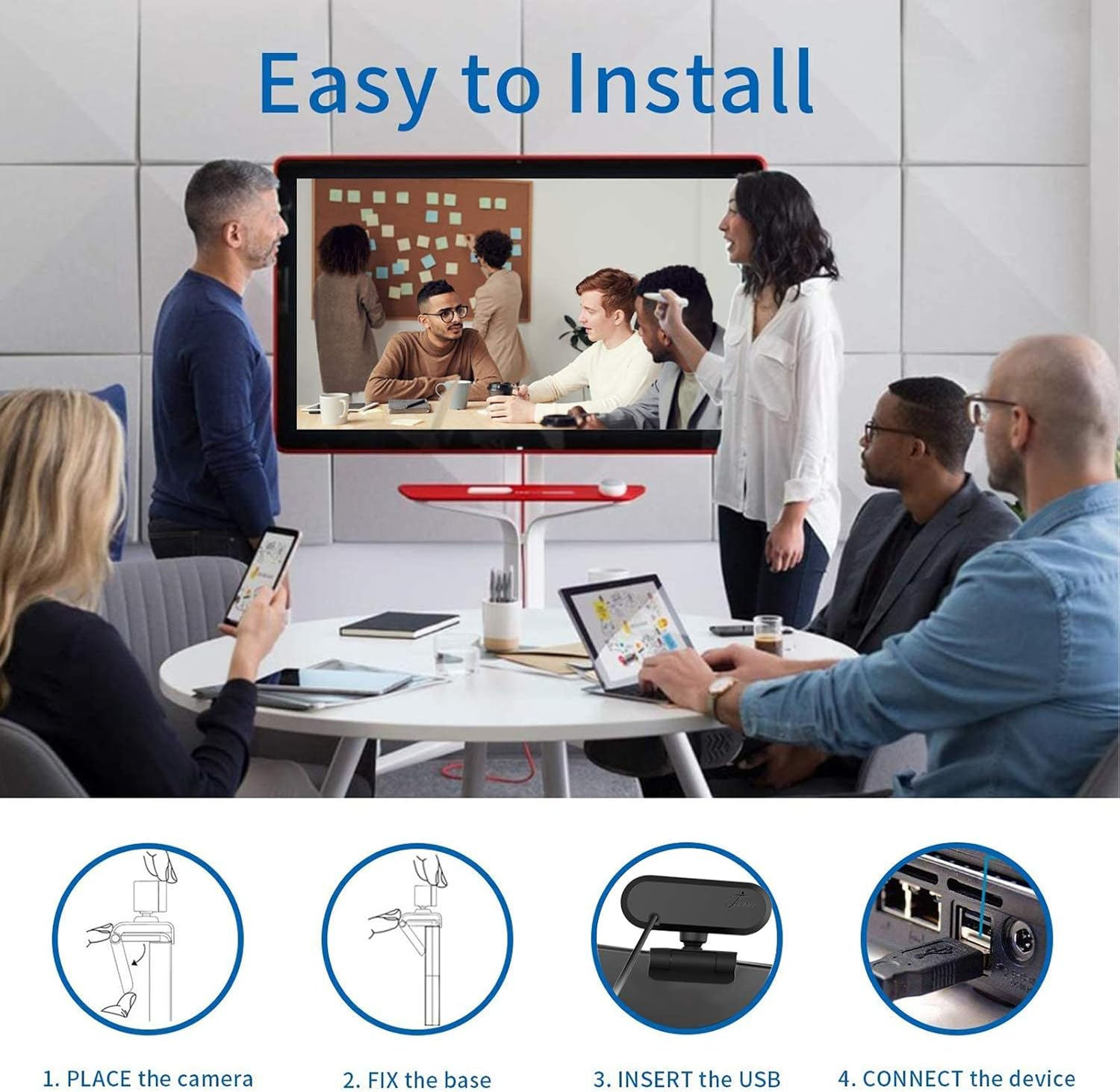 Büro-Meeting mit Videokonferenz: Installation Schritte 1-4 werden gezeigt.