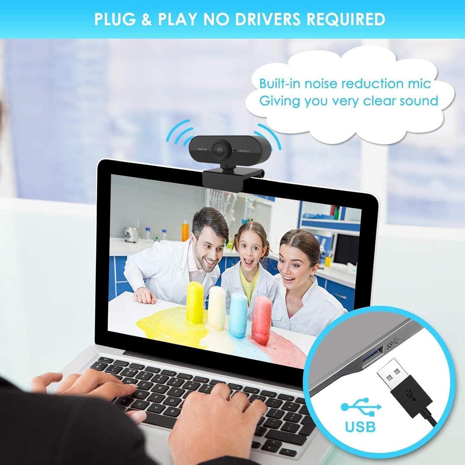 Webcam auf Laptop, zeigt drei Personen und USB-Anschluss. "Plug & Play".