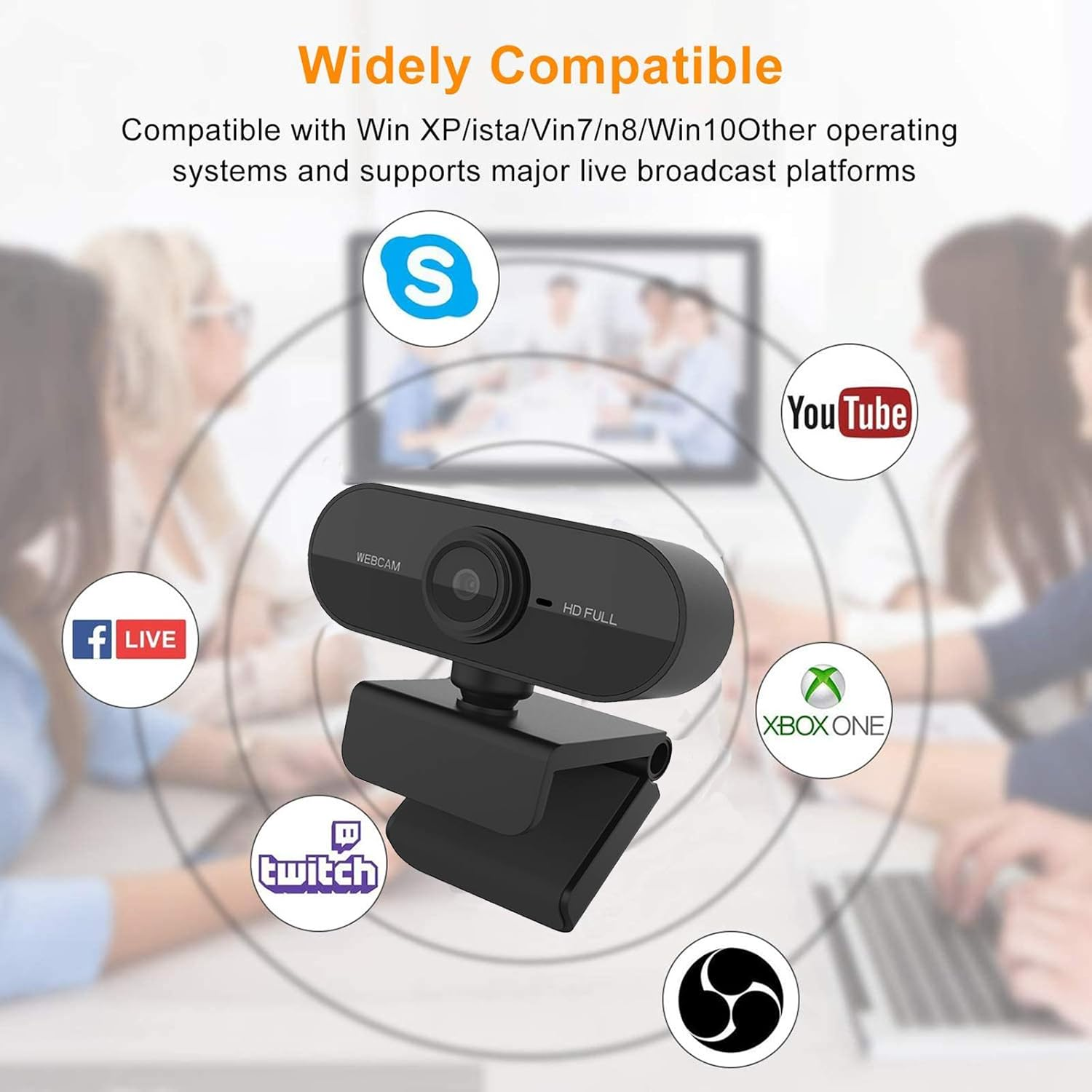 Webcam mit Logos von Skype, YouTube, Xbox, Twitch und Facebook Live.