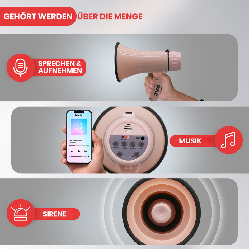 Ein hellrosa Megafon mit Bedienelementen: Sprechen, Musik, Sirene.