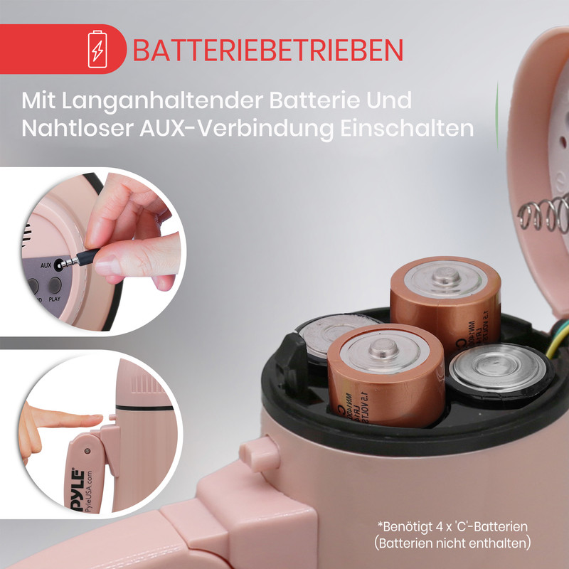 Ein pinkes Gerät mit offenen Batteriefach und vier C-Batterien.