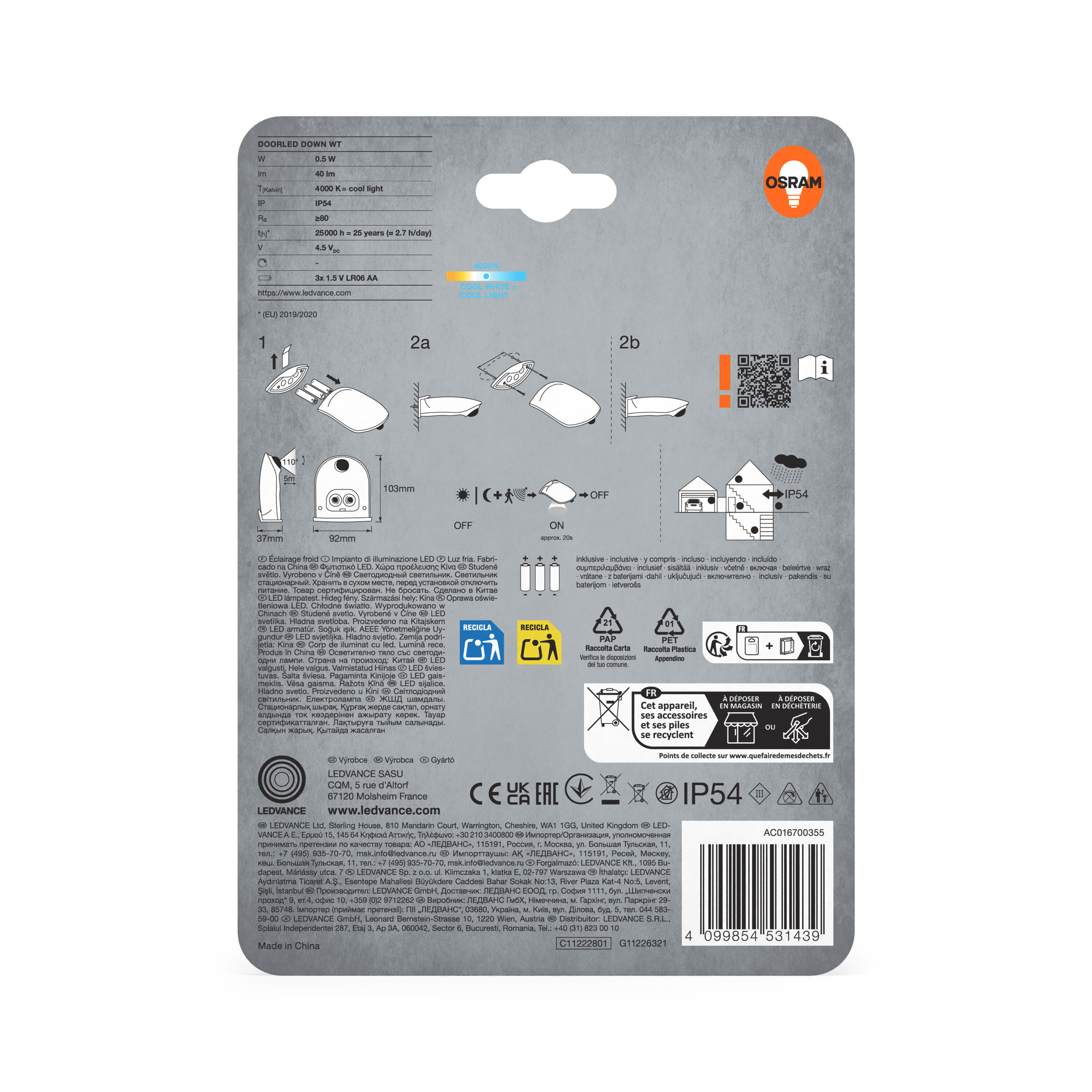 Osram LED-Leuchte Spezifikationen mit Montageanleitung. Links sind technische Daten.