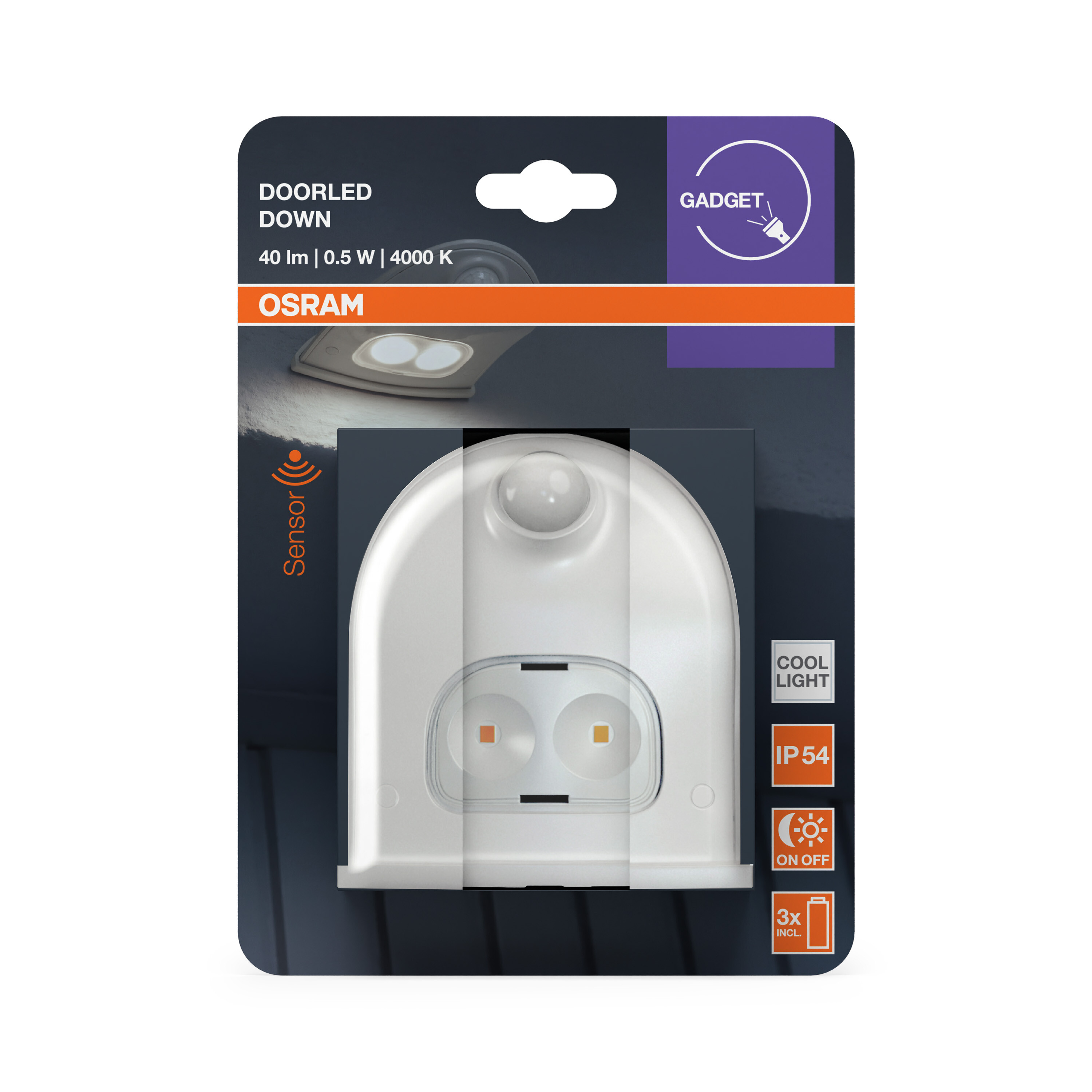 Osram Doorled Down Sensor Leuchte mit 2 LEDs, IP54, 40lm, 0.5W.