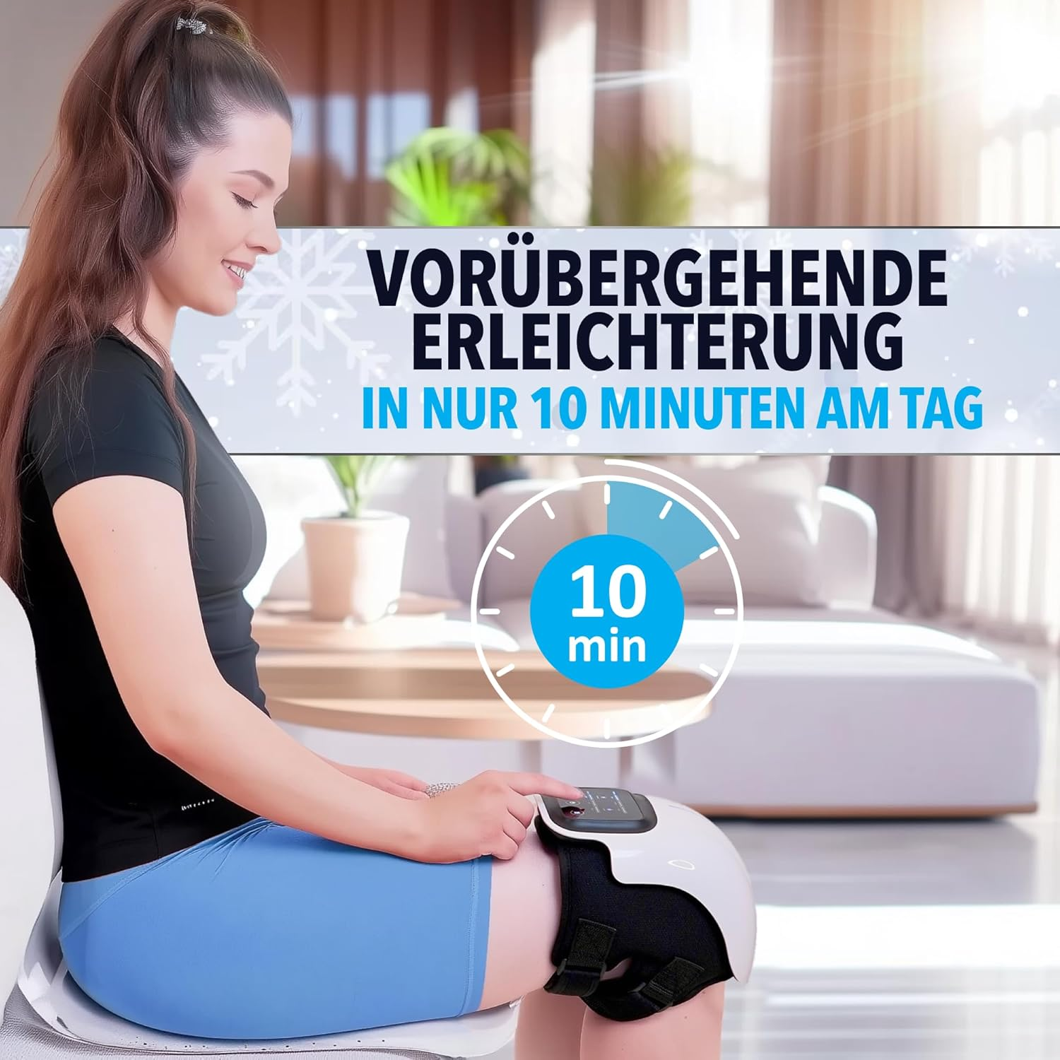 Frau mit Kniebandage und Massagegerät, vorübergehende Linderung in 10 Min.