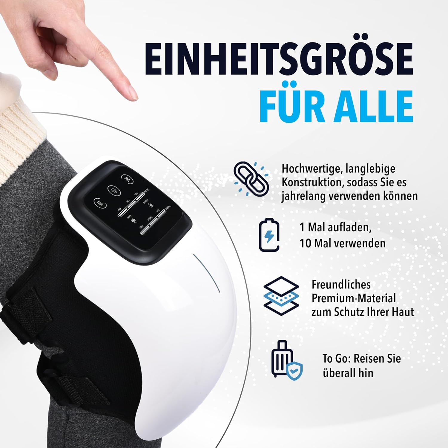 Ein weißes Gerät mit digitalem Bildschirm wird am Bein einer Person getragen, mit Text über Haltbarkeit und Tragbarkeit.
