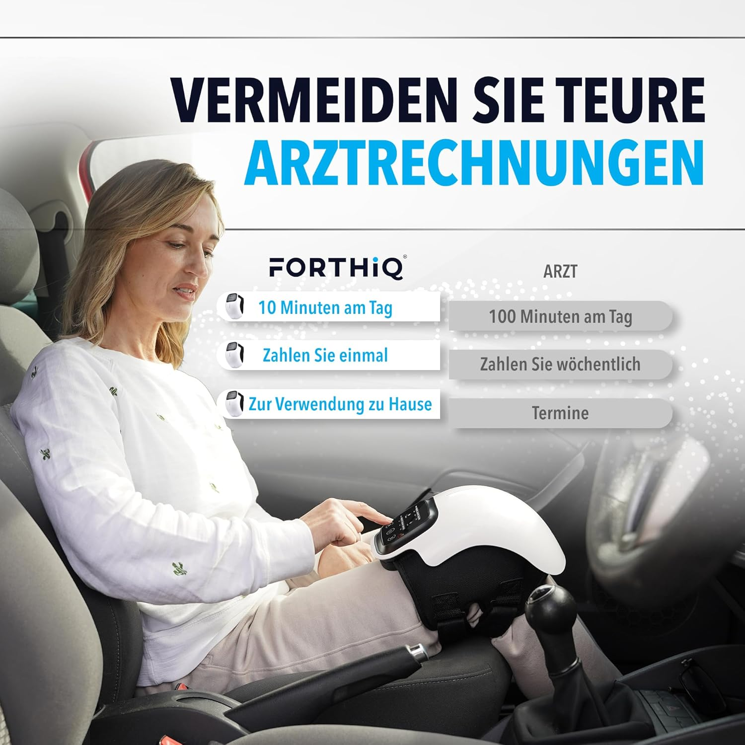 Frau im Auto nutzt FORTHIQ Gerät. Vermeiden Sie teure Arztrechnungen.