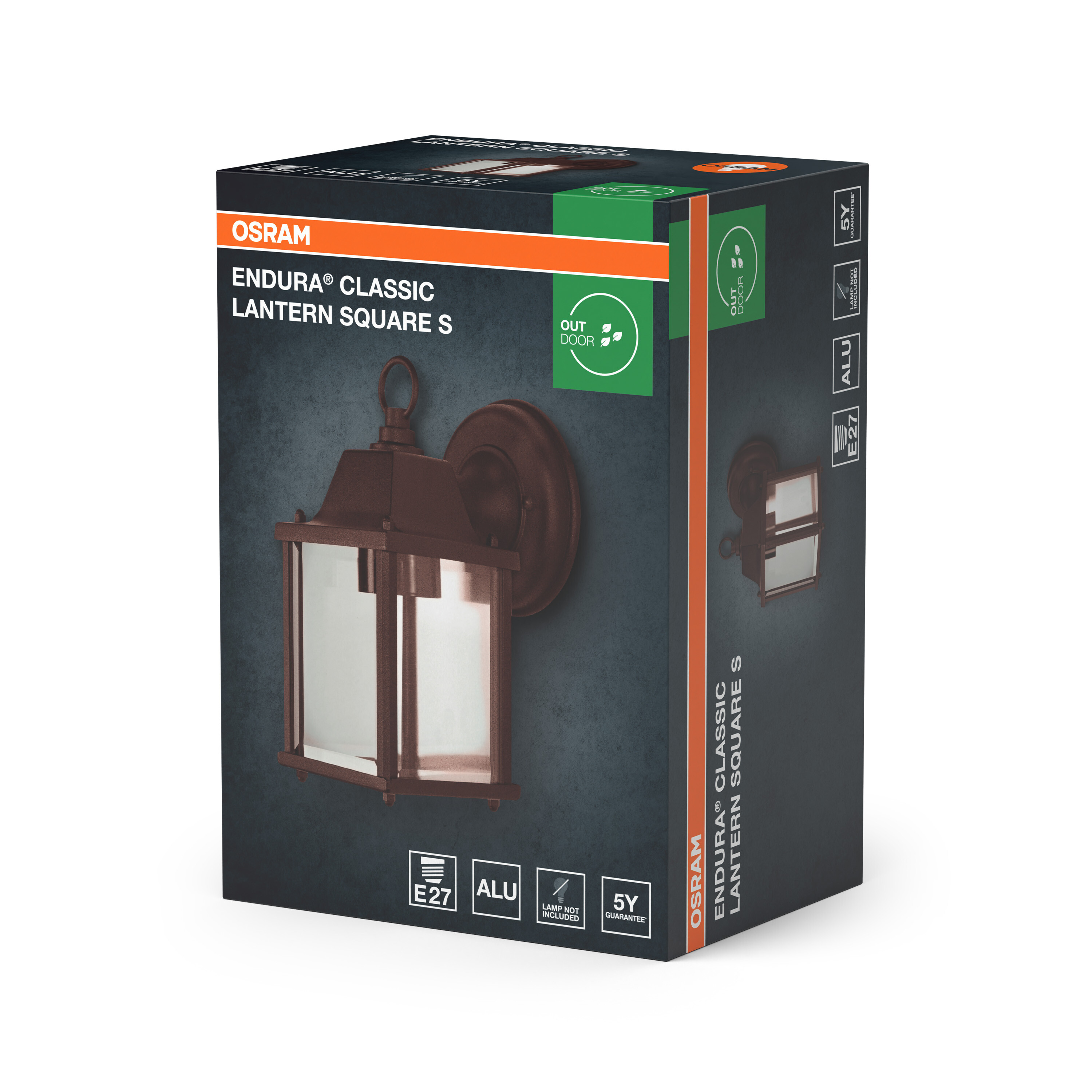 OSRAM ENDURA CLASSIC LANTERN SQUARE S Karton mit Lampe und E27/ALU/5Y Symbolen.