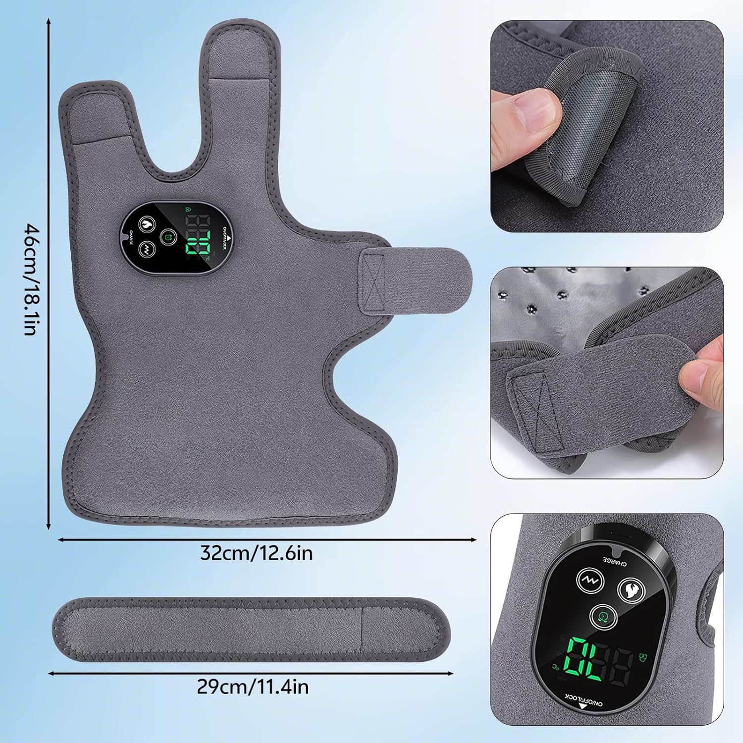 Grauer Knie-Wärmer mit digitaler Anzeige und Klettverschluss.