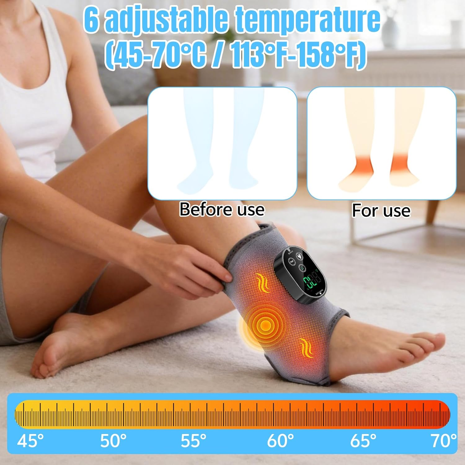 Beheizbare Fußbandage mit 6 Temperatureinstellungen von 45-70°C.