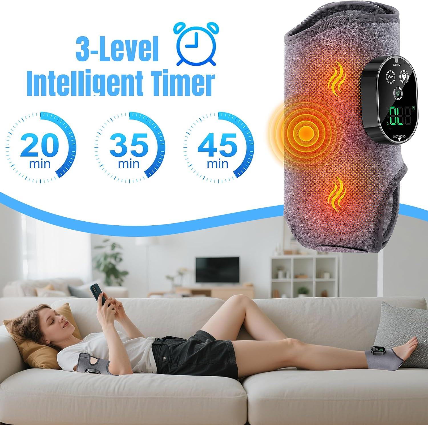 Frau auf Sofa mit Fußmassagegerät, das 20, 35, 45 Min. anzeigt.