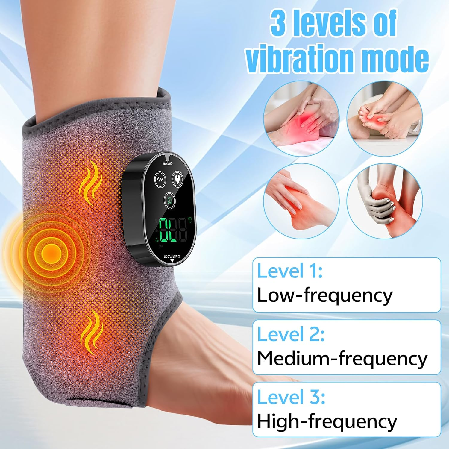 Veranschaulicht ein Fußgelenk-Massagegerät mit 3 Vibrationsmodi: niedrig, mittel, hoch.