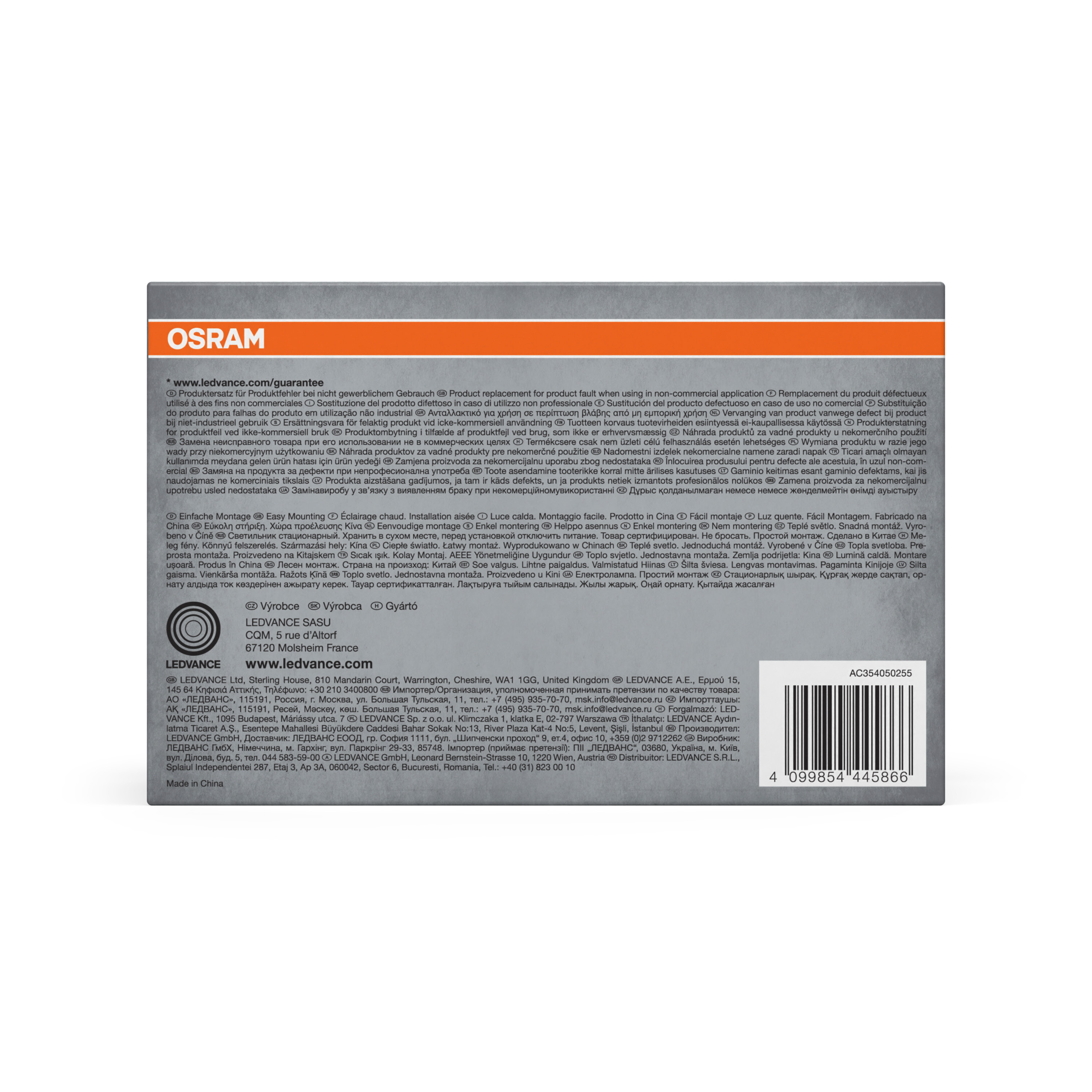 OSRAM-Logo und Produktinformationen mit Barcode und Lieferantenadressen.